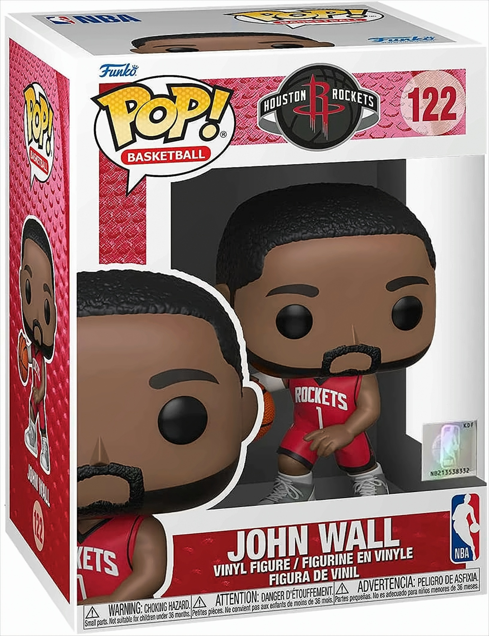 Funko Pop Figur von John Wall im Houston Rockets-Trikot, mit Box. Figur hat ein rotes Trikot.