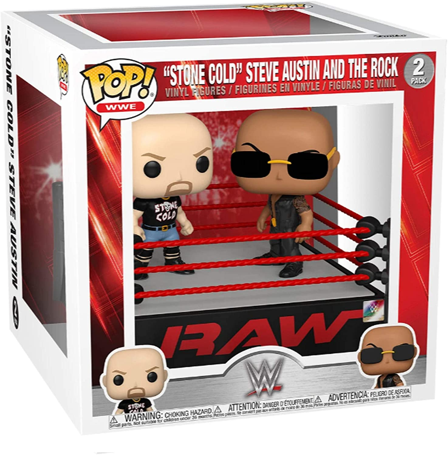Verpackte Funko Pop Figuren von Stone Cold Steve Austin und The Rock in einem Wrestling-Ring.