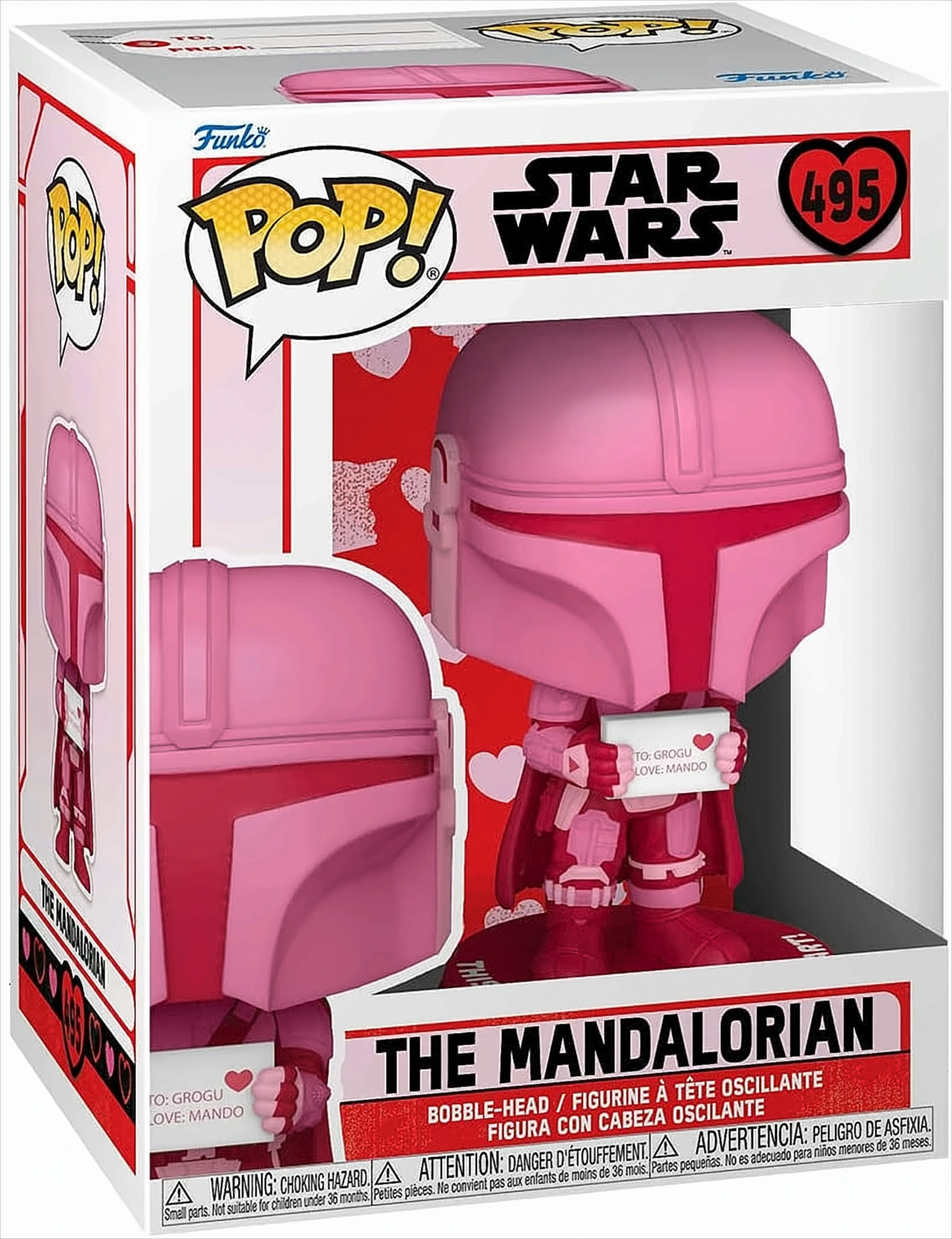 Funko Pop di Mandalorian. È rosa e rosso, con una scatola con testo.