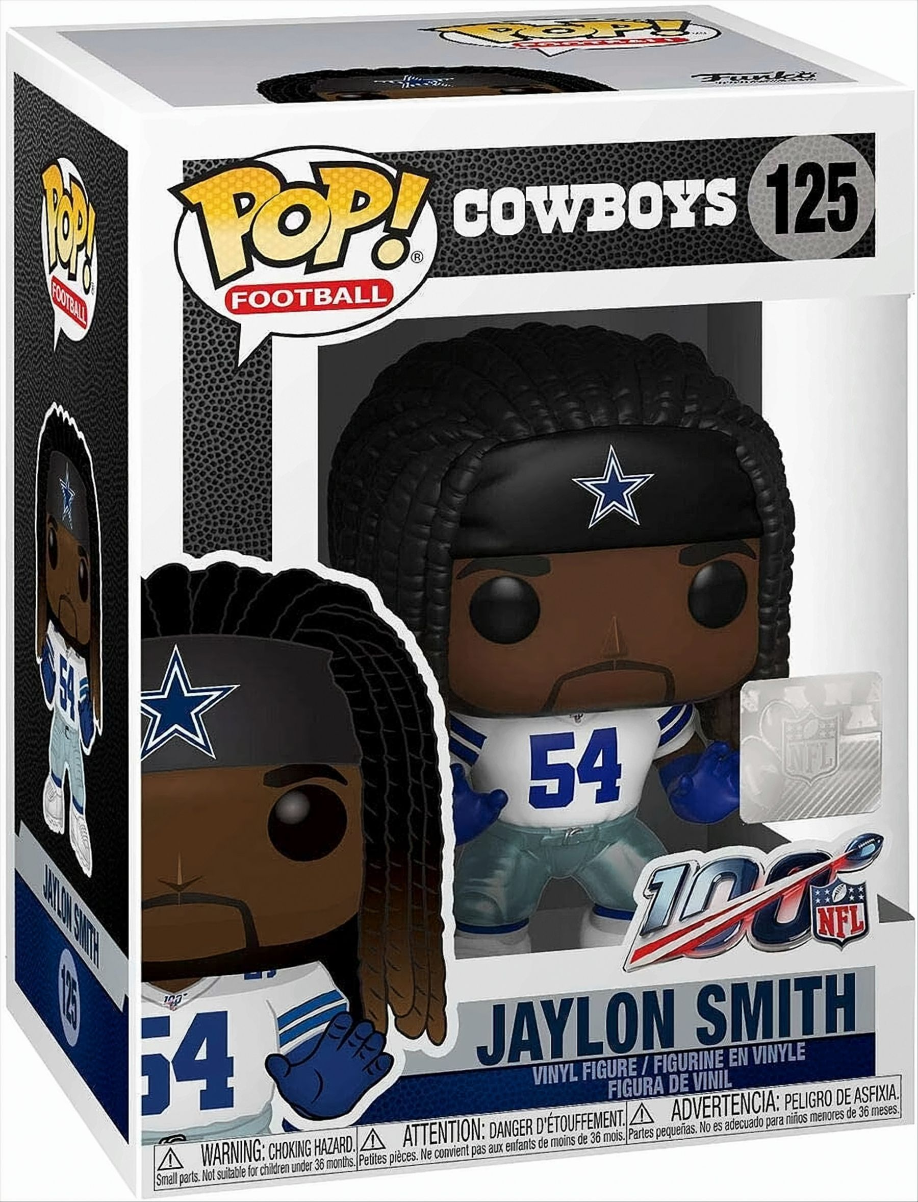 Sammelfigur von Jaylon Smith im Cowboys-Trikot, in einer Box mit NFL- und Pop!-Logos.