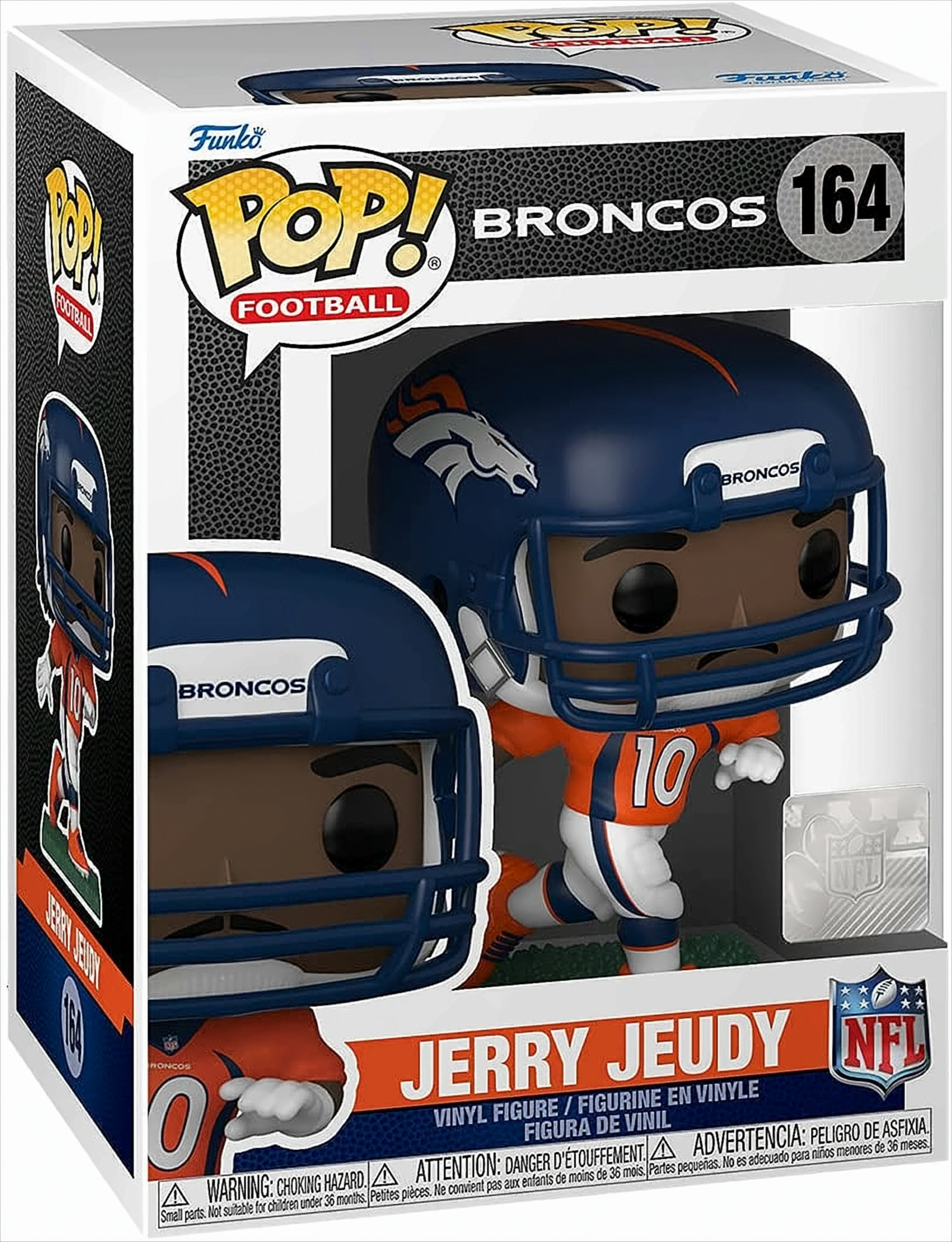 Ein Funko Pop von Jerry Jeudy, Broncos-Spieler, in einer Box. Er trägt ein orange-blaues Trikot und Helm.