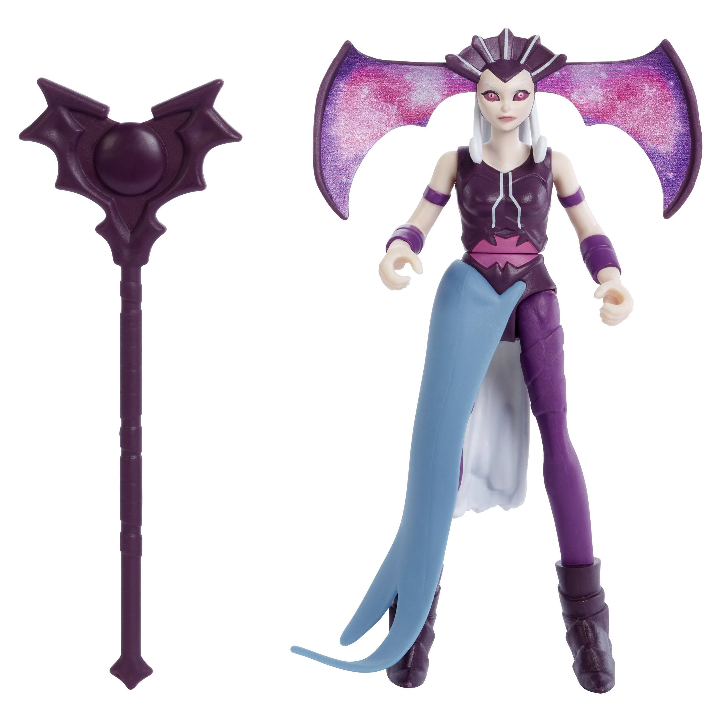 Eine weibliche Actionfigur mit einem Stab. Sie trägt ein lila-blaues Outfit.