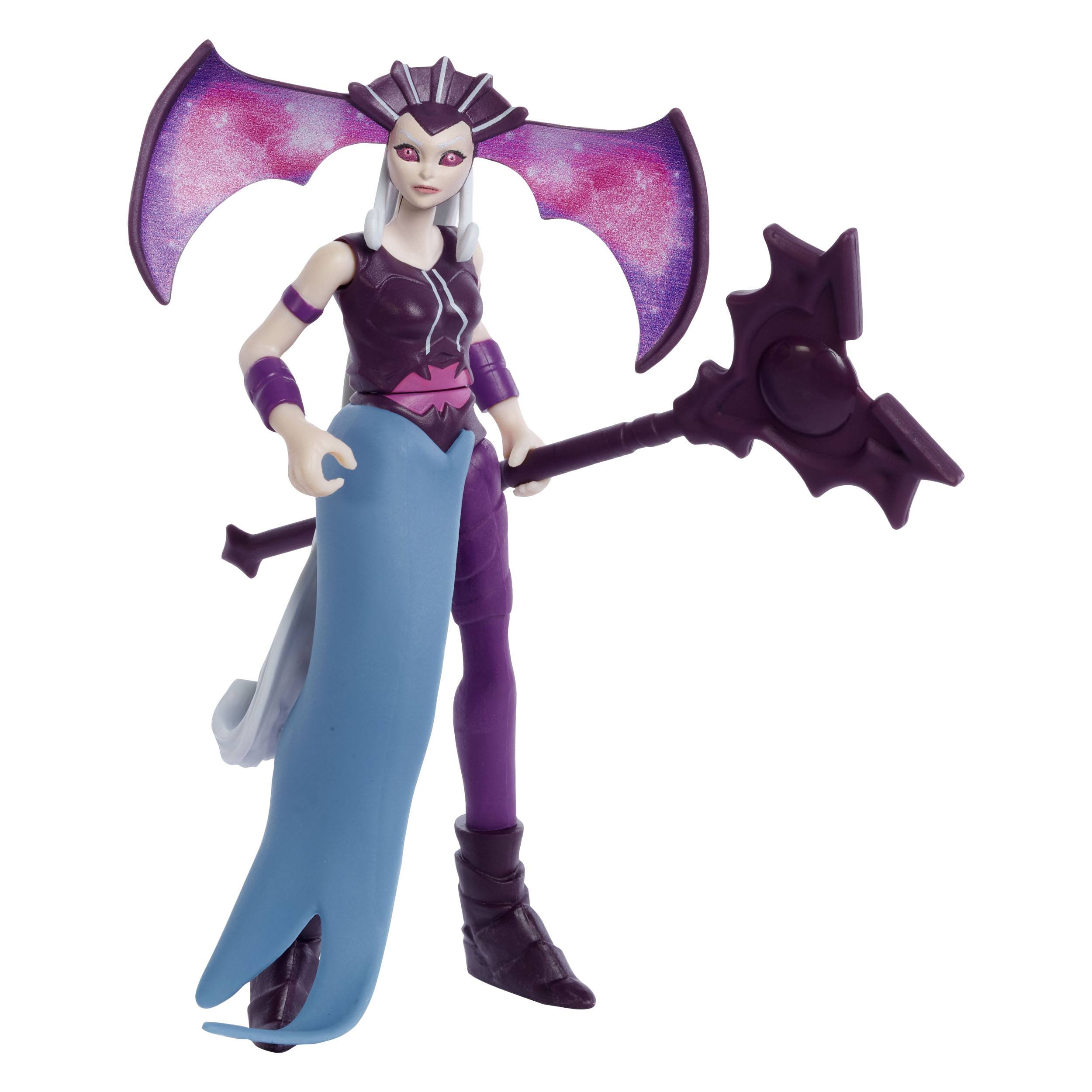 Eine Fantasy-Actionfigur mit lila und blauer Kleidung und einer Waffe.