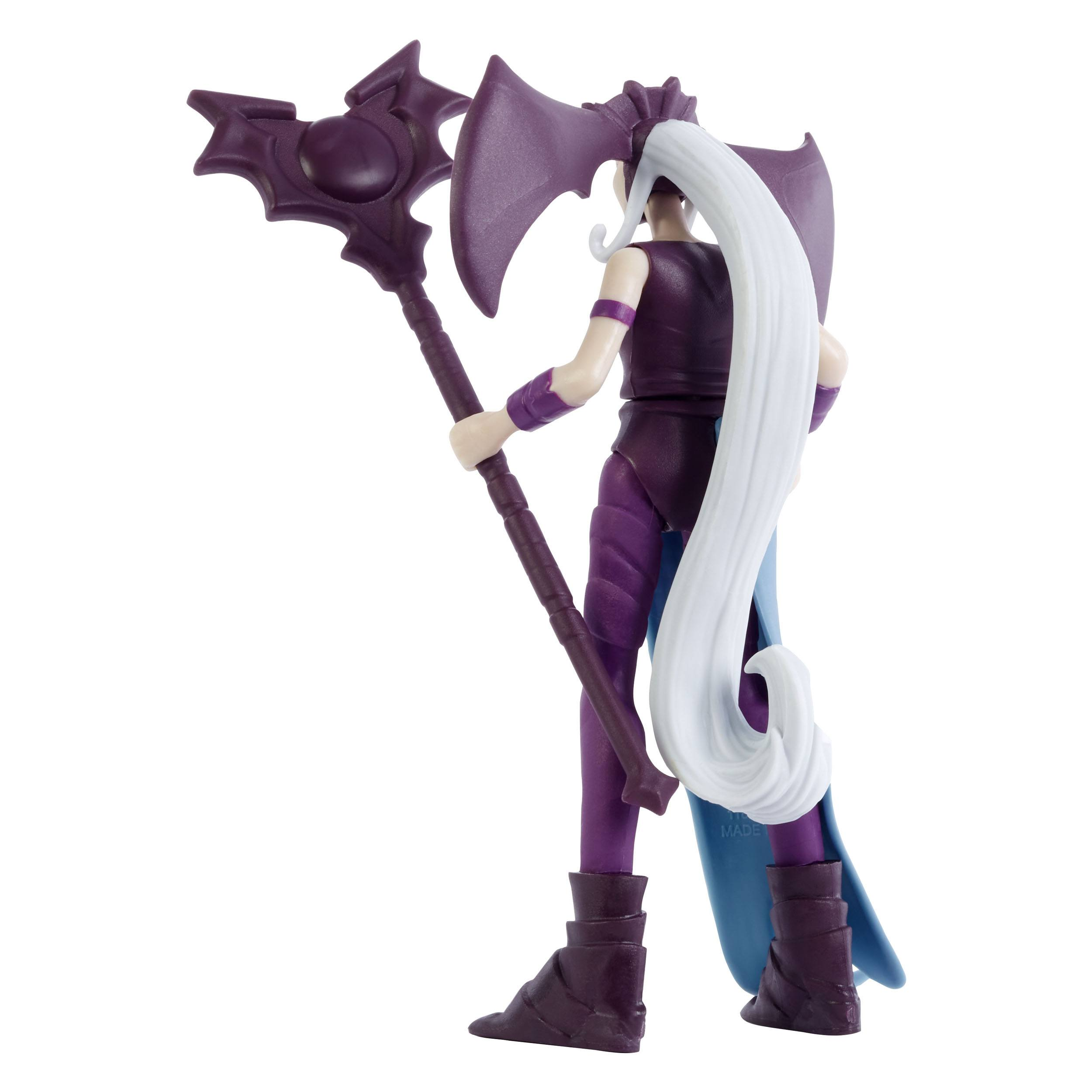 Eine violette Actionfigur einer Frau mit weißen Haaren und einer Axt.