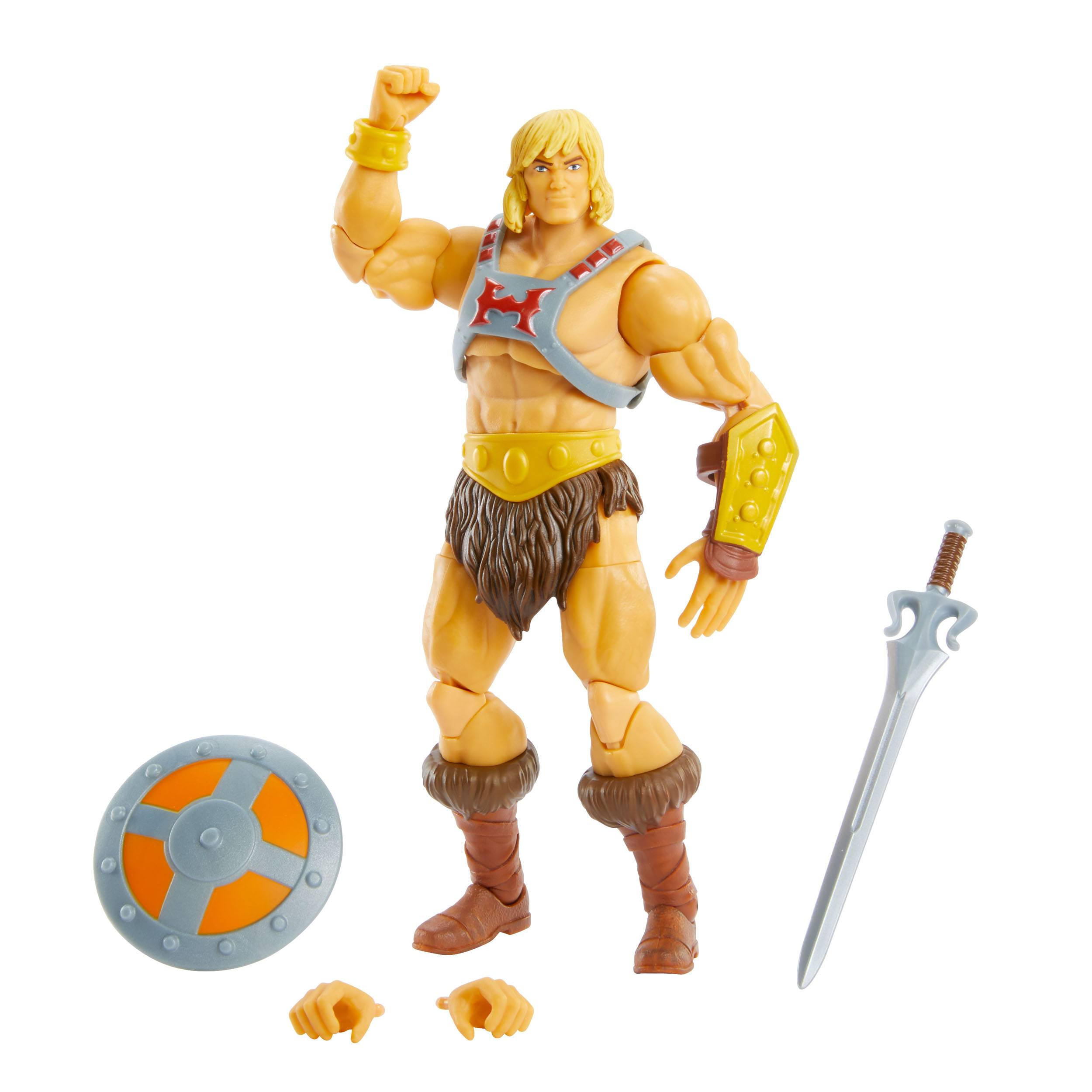 He-Man Actionfigur mit Schwert, Schild und zusätzlichen Händen, in dynamischer Pose.
