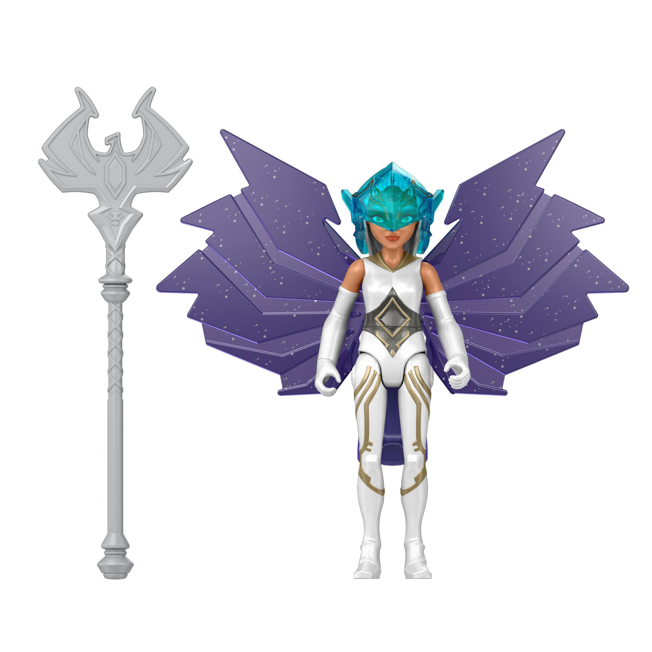 Actionfigur einer Kriegerin. Lila Flügel, weiß-goldenes Outfit, grauer Stab.