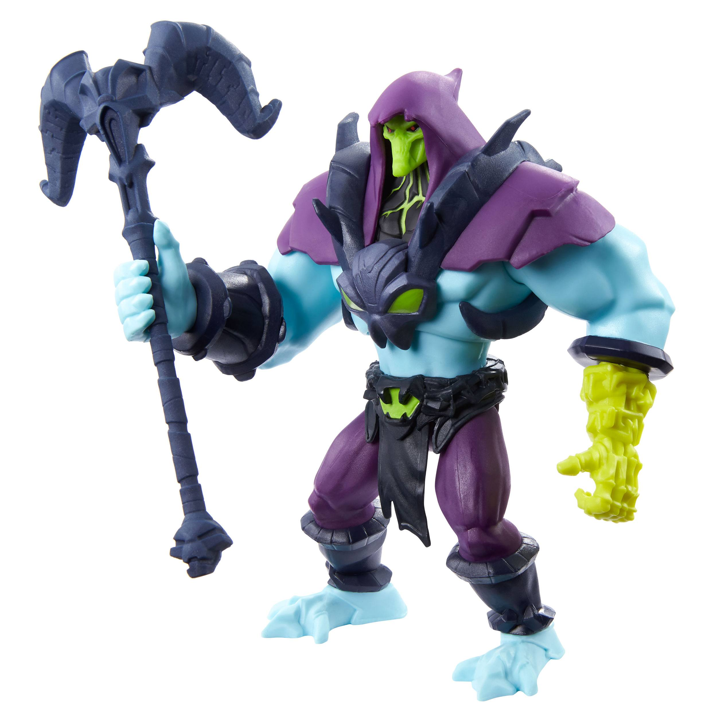 Skeletor-Actionfigur mit Stab, lila Rüstung, auf weißem Hintergrund.