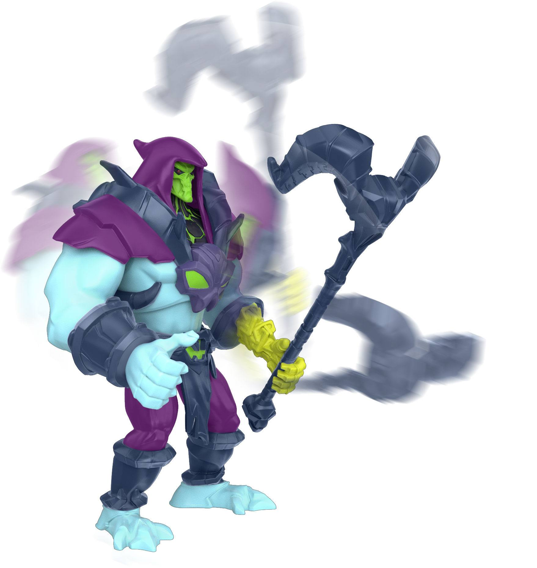 Skeletor-Actionfigur mit Stab. Lila- und Blau-Farbschema. Bewegungsunschärfe-Effekt.