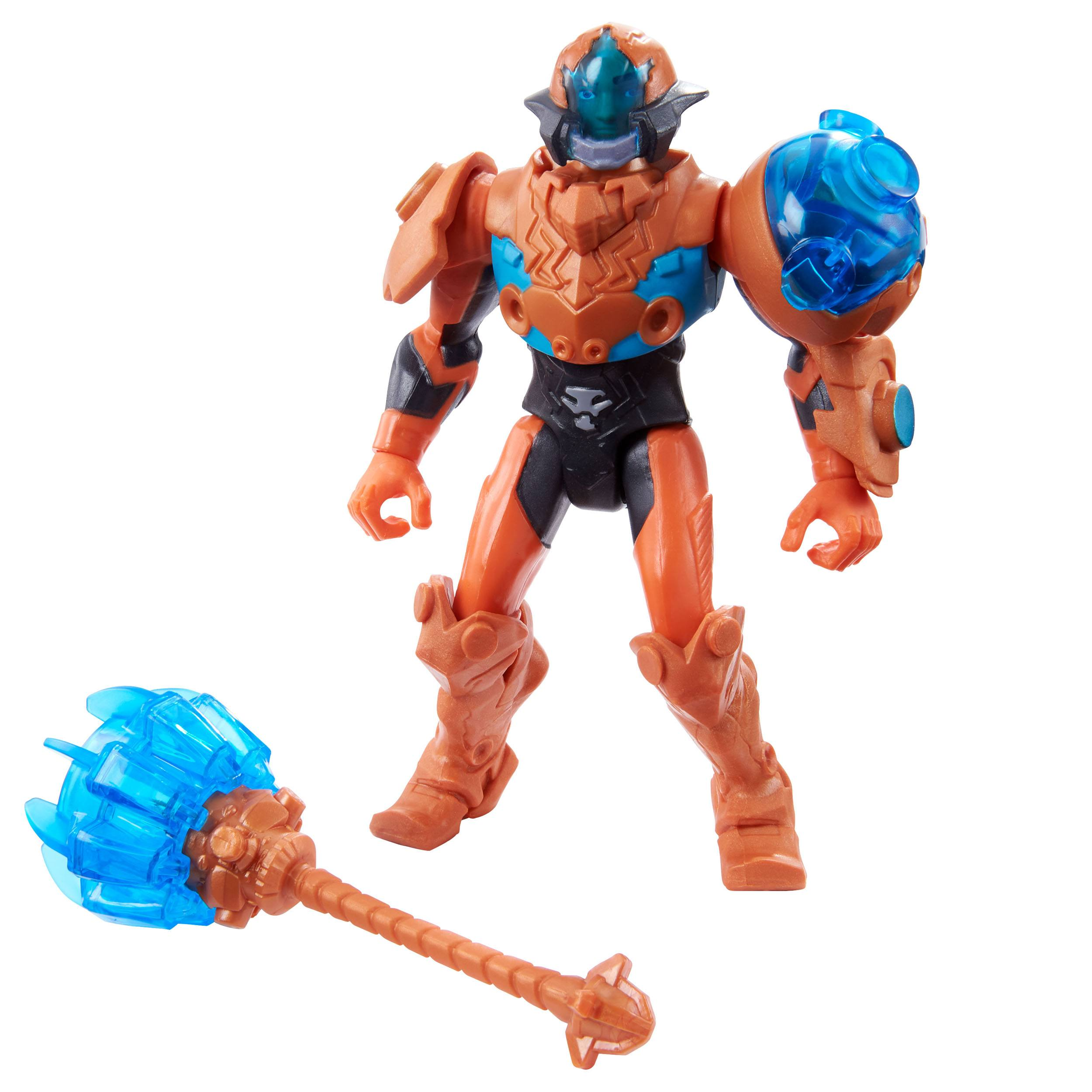Orange und blaue Actionfigur mit Waffe, stehend, auf weißem Hintergrund.