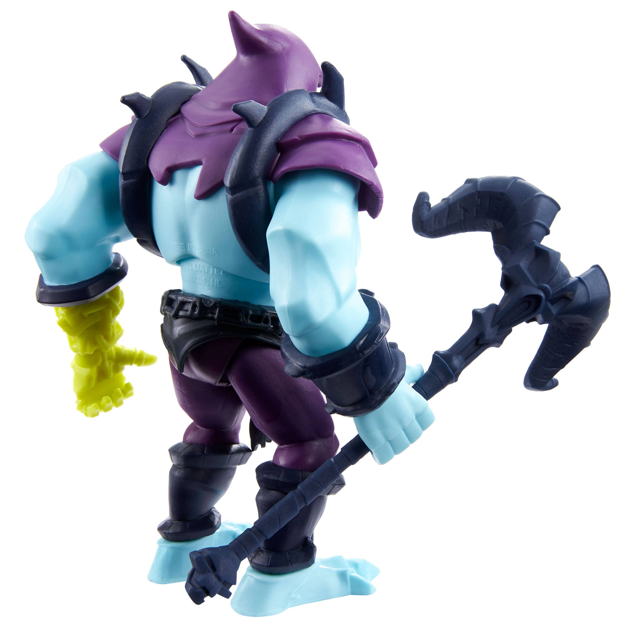 Actionfigur eines blauen Monsters mit lila Kopf und Rüstung, das eine Waffe hält.