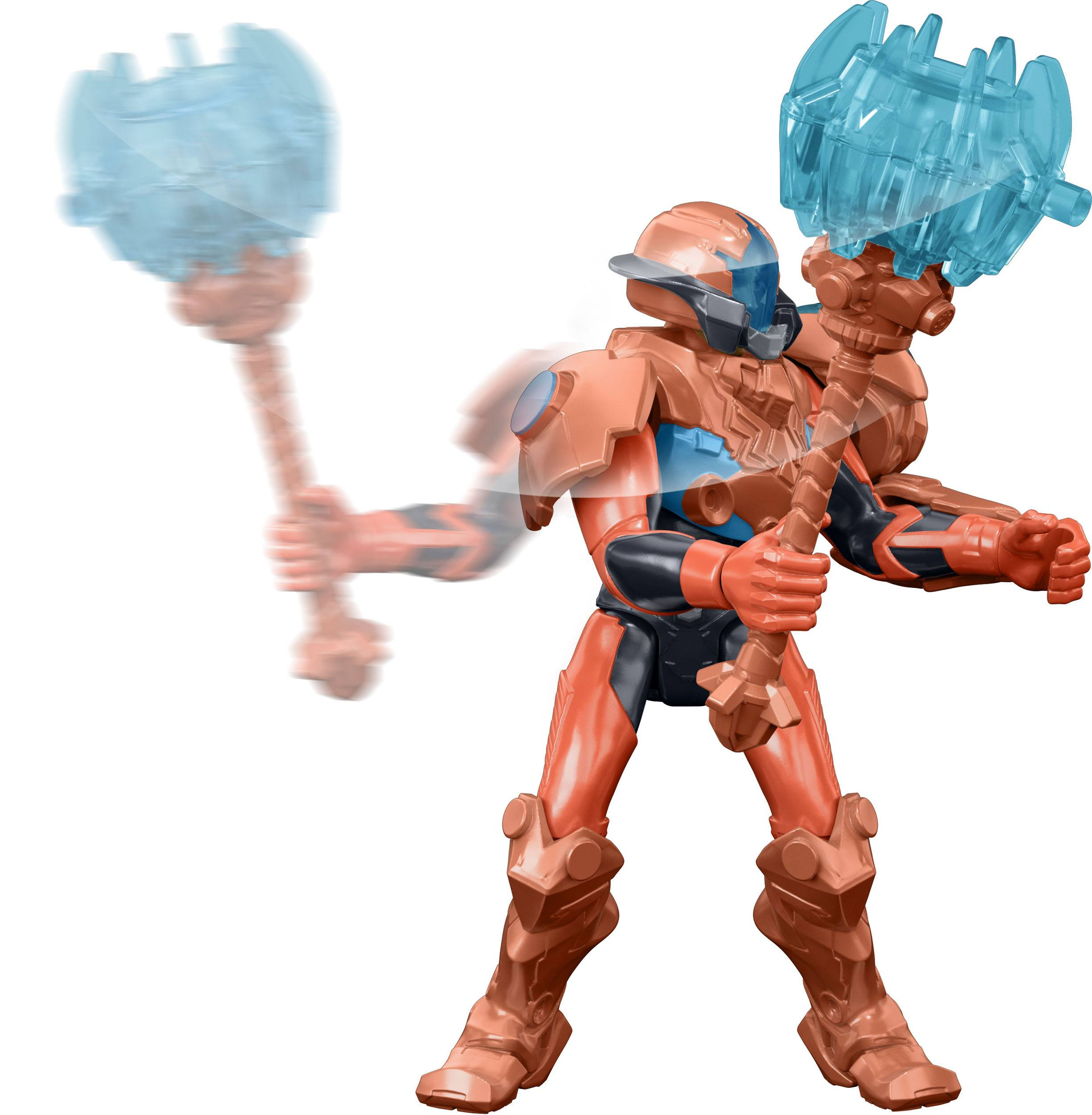 Actionfigur eines Kriegers in oranger Rüstung, der zwei blaue Kristallhämmer schwingt.