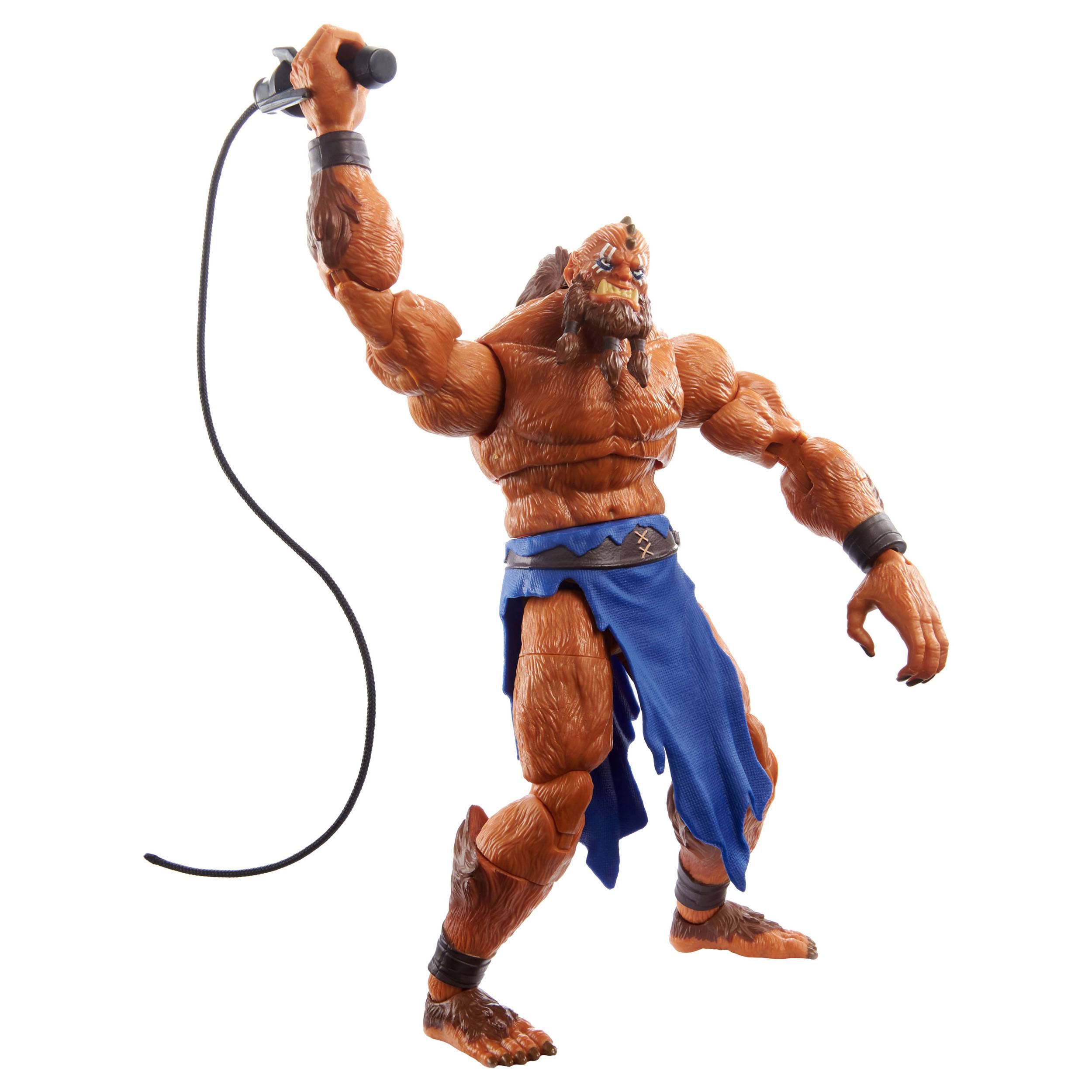 Eine braune, muskulöse Figur hält eine Peitsche. Die Figur hat braunes Fell und trägt einen blauen Lendenschurz.