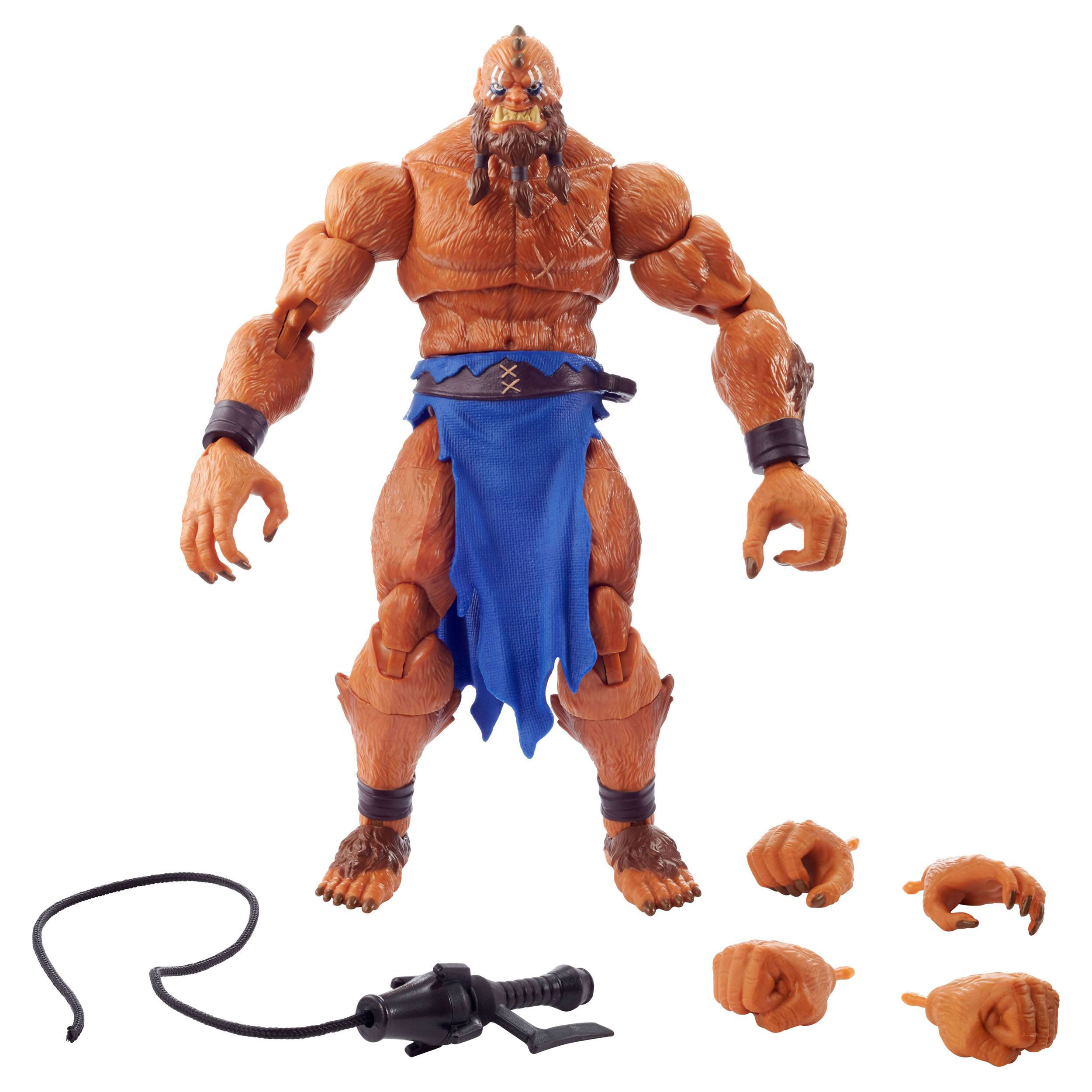 Eine große, braune, pelzige Actionfigur mit Zubehör, einschließlich zusätzlicher Hände und einer Waffe.