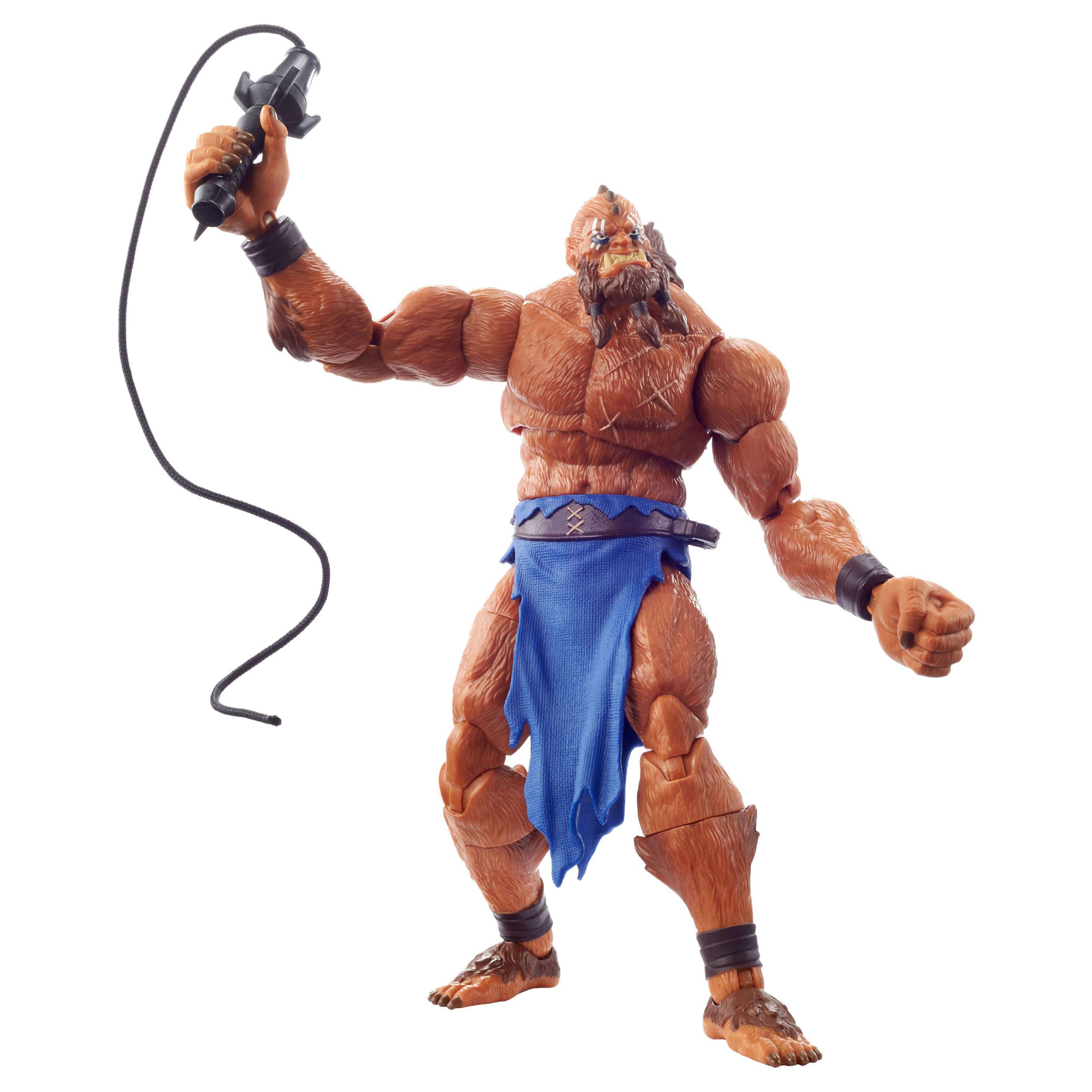 Actionfigur eines pelzigen, muskulösen Humanoiden mit einer Peitsche. Der Hintergrund ist weiß. Er hat einen blauen Rock.