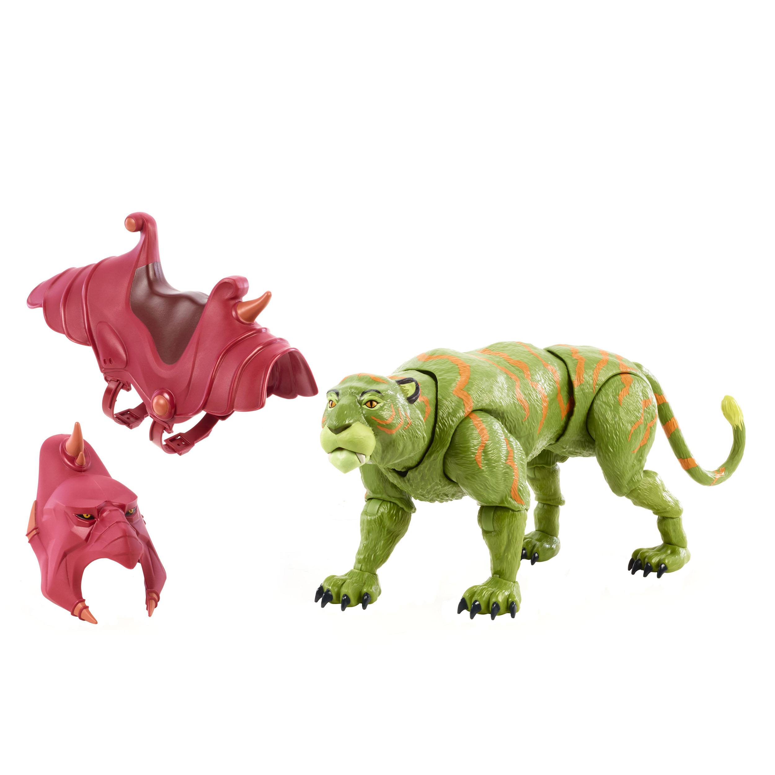 Grüne katzenartige Figur mit orangen Streifen, zwei rote Rüstungsteile. Ein Rüstungsteil ist ein Helm.