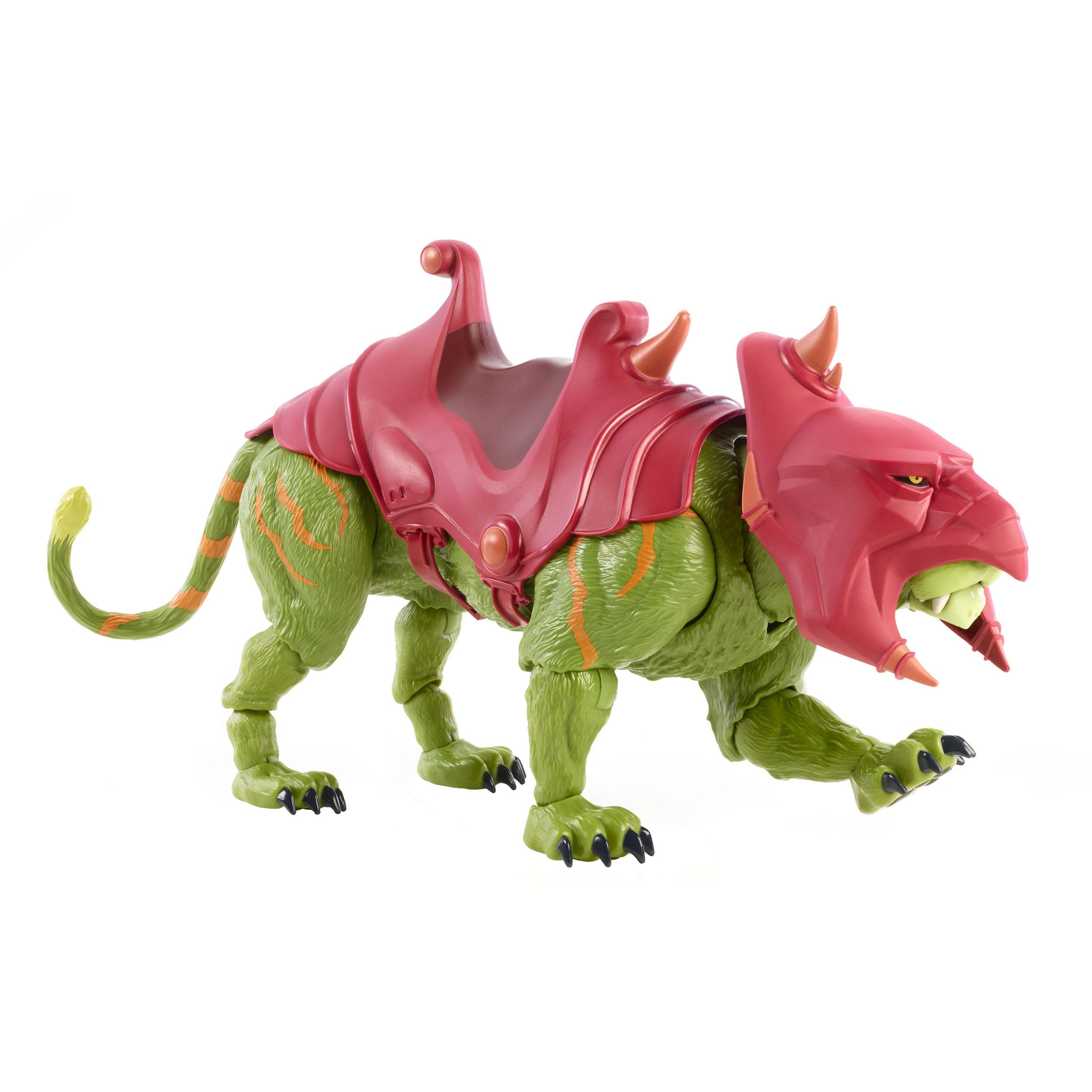 Eine grüne und rote Battle Cat-Spielzeugfigur mit Sattel, in einer Laufpose, auf weißem Hintergrund.