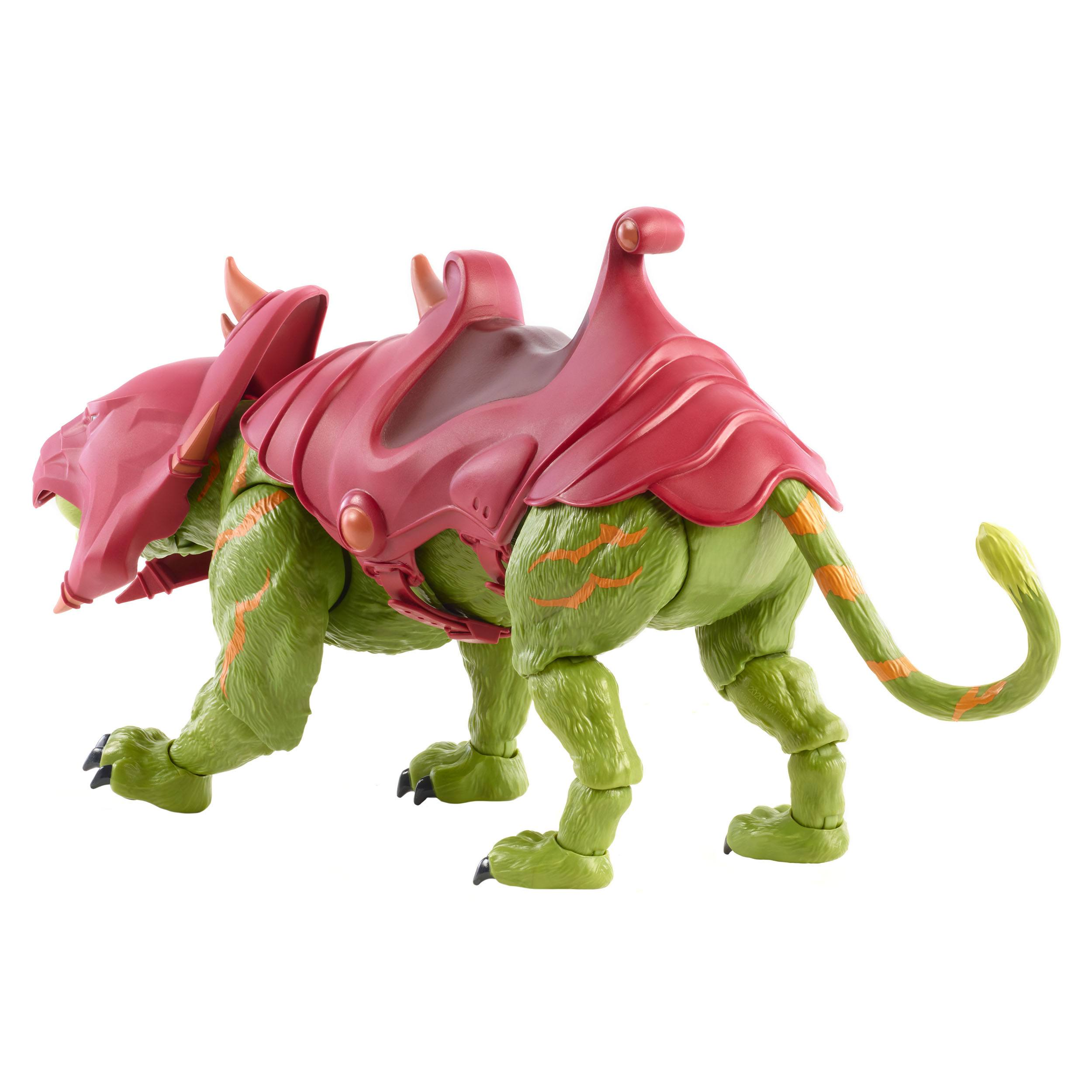 Spielfigur einer grünen Katze mit roter Rüstung und Sattel.