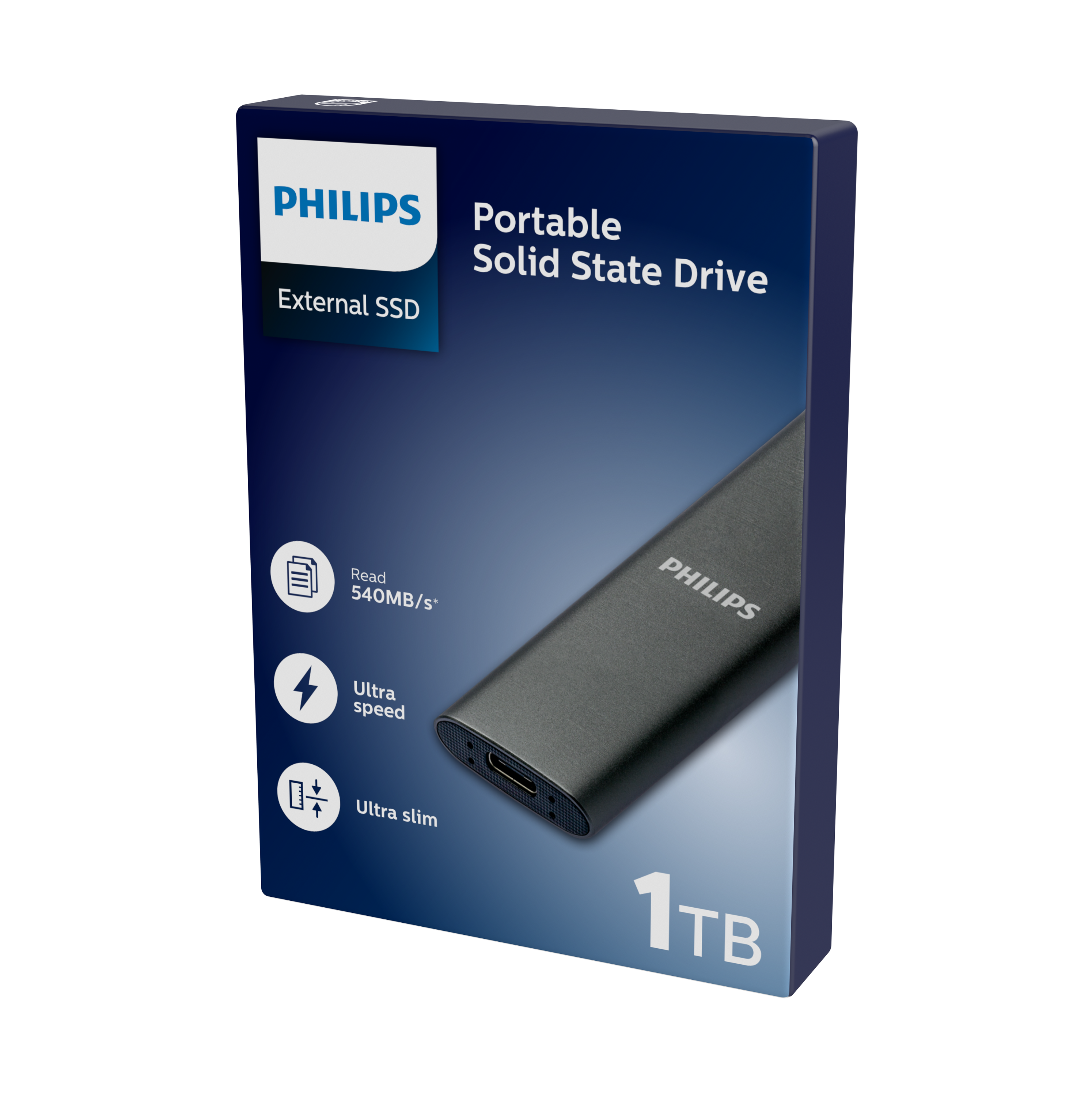 Box für eine 1TB externe SSD, mit dem Philips Logo und Text. Das Laufwerk befindet sich auf der Box.