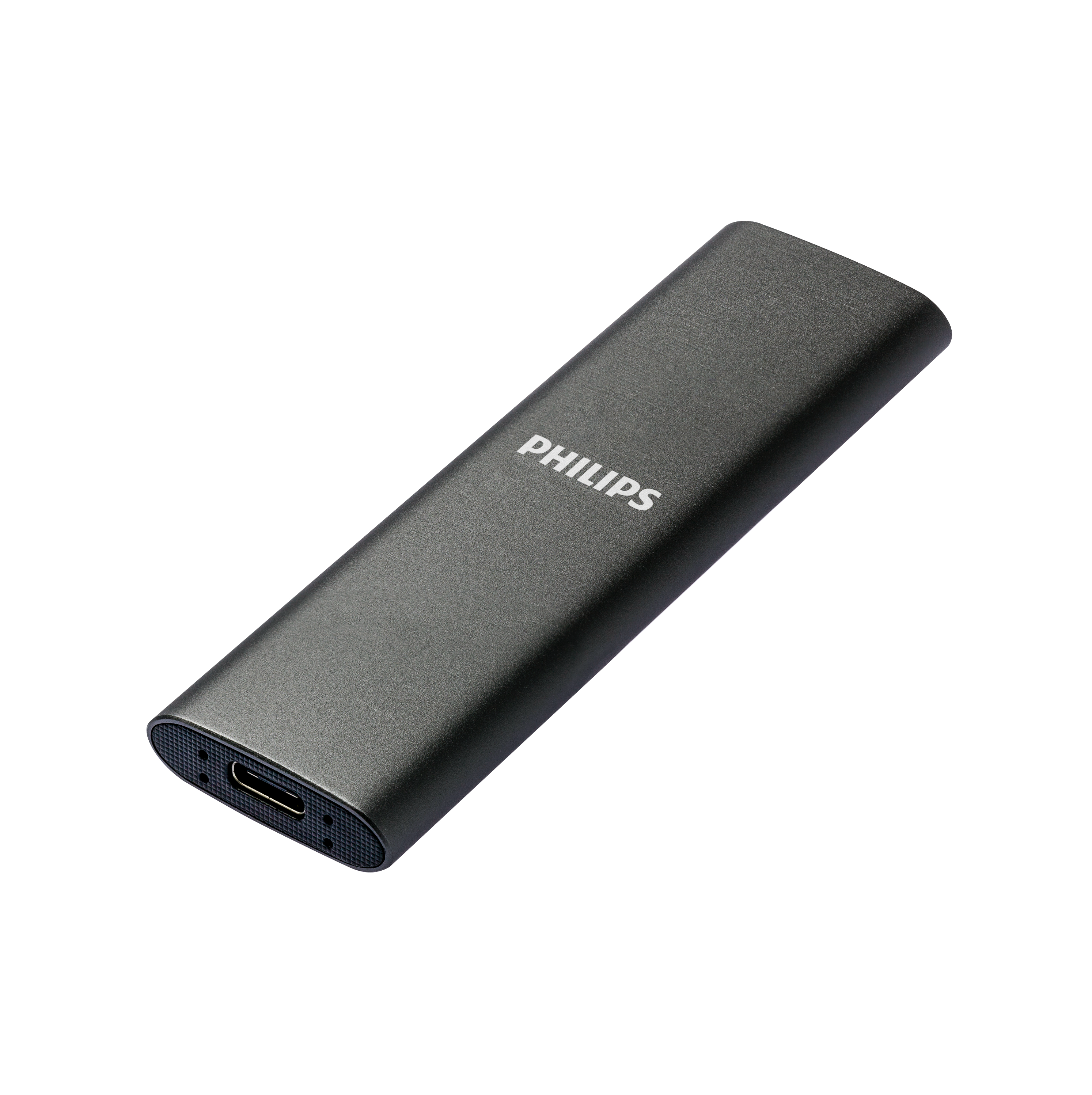 Eine dunkelgraue externe Philips SSD-Festplatte mit dem Philips-Logo.