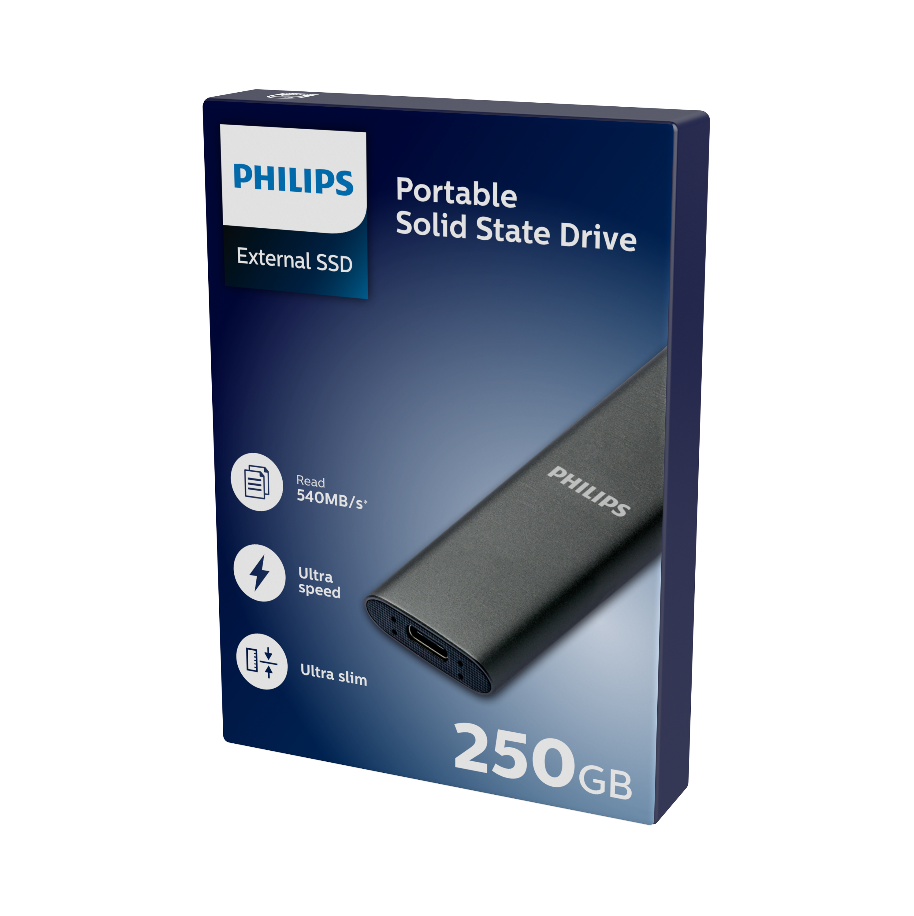 Philips externe SSD-Box mit dem Produkt in einer dunkelblauen Umgebung.