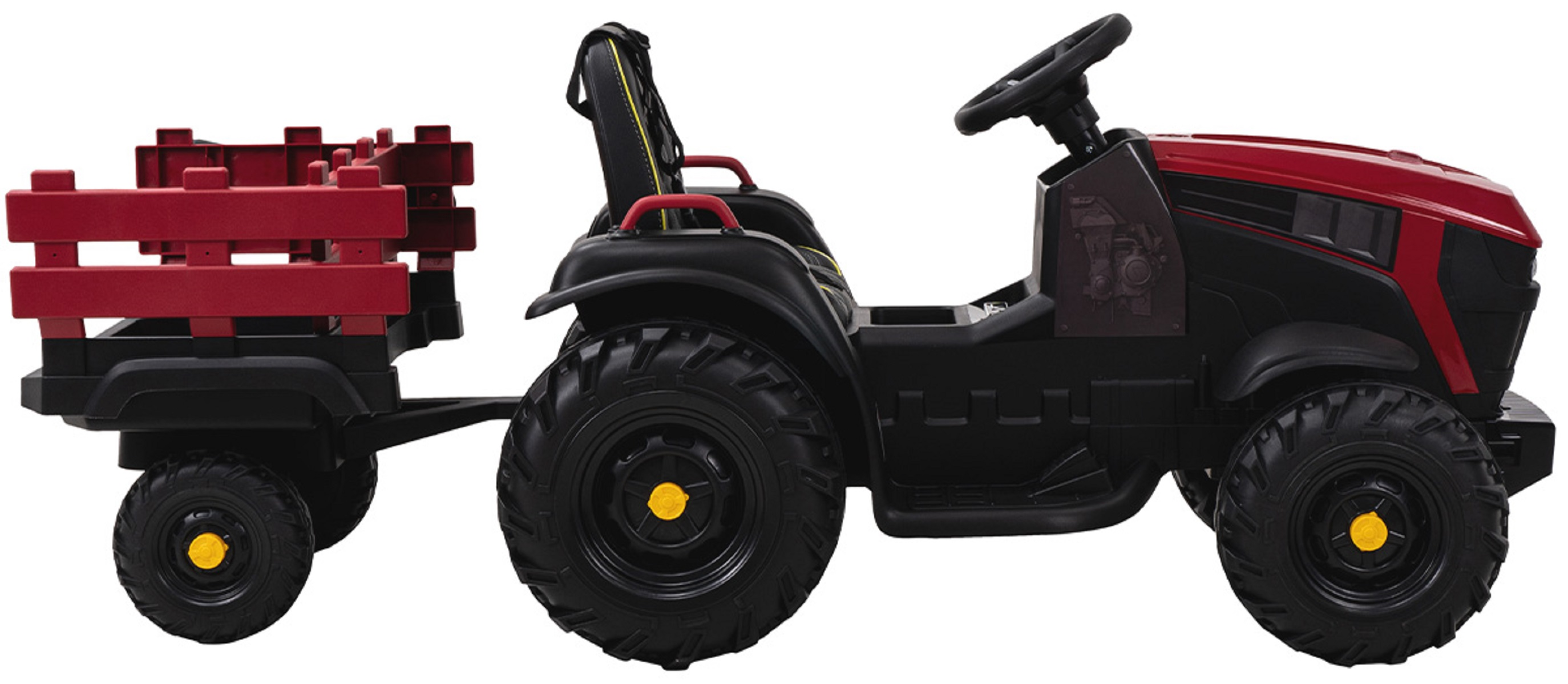 Ein rot-schwarzer Traktor zieht einen roten Wagen auf weißem Hintergrund.