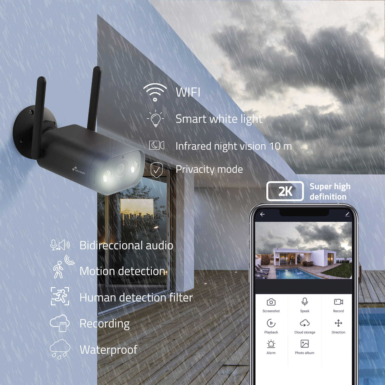 Cámara de seguridad exterior negra con iconos de funciones y pantalla de smartphone.