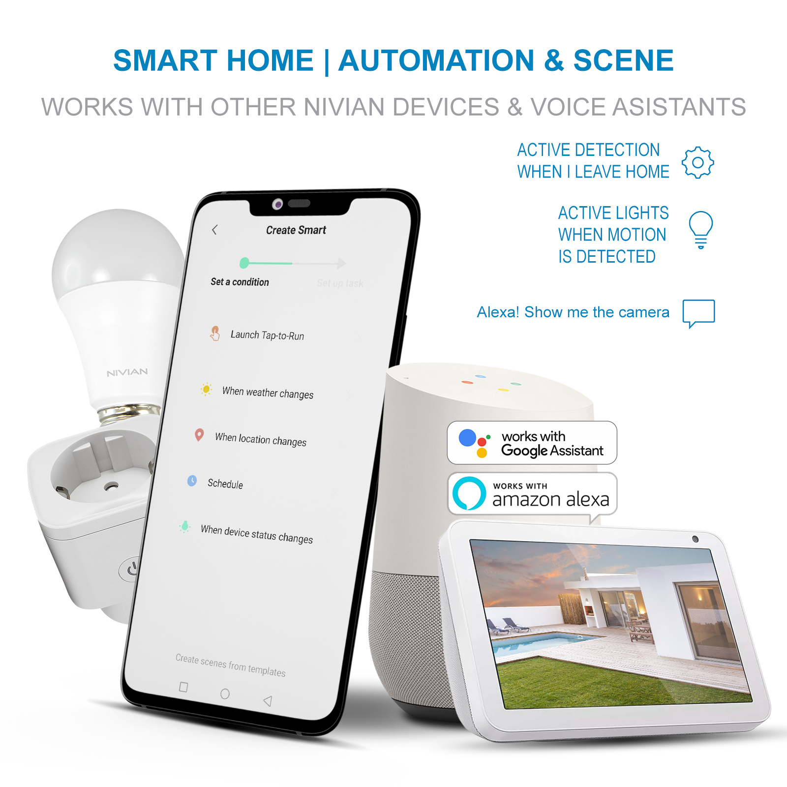 Una configuración de hogar inteligente con un teléfono, un altavoz inteligente y una pantalla inteligente.