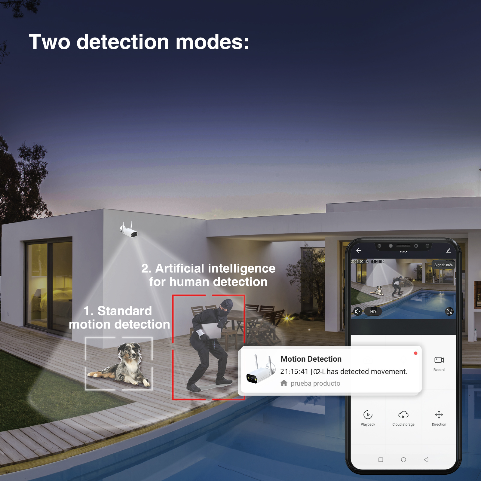 Una configuración de cámara de seguridad que muestra dos modos de detección. Uno muestra un perro. Otro muestra a un hombre.