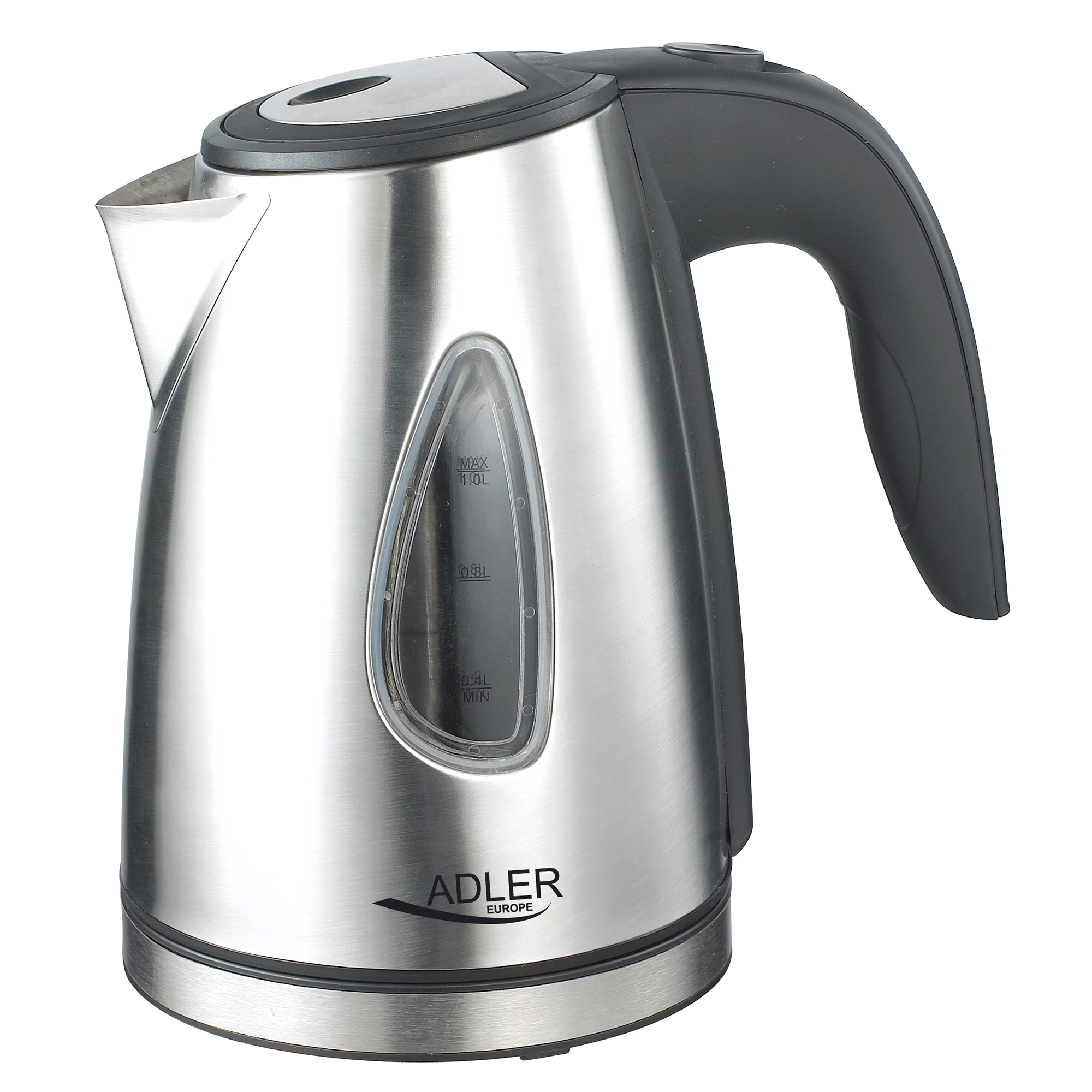 Srebrny czajnik elektryczny z czarnym uchwytem i okienkiem na wodę.