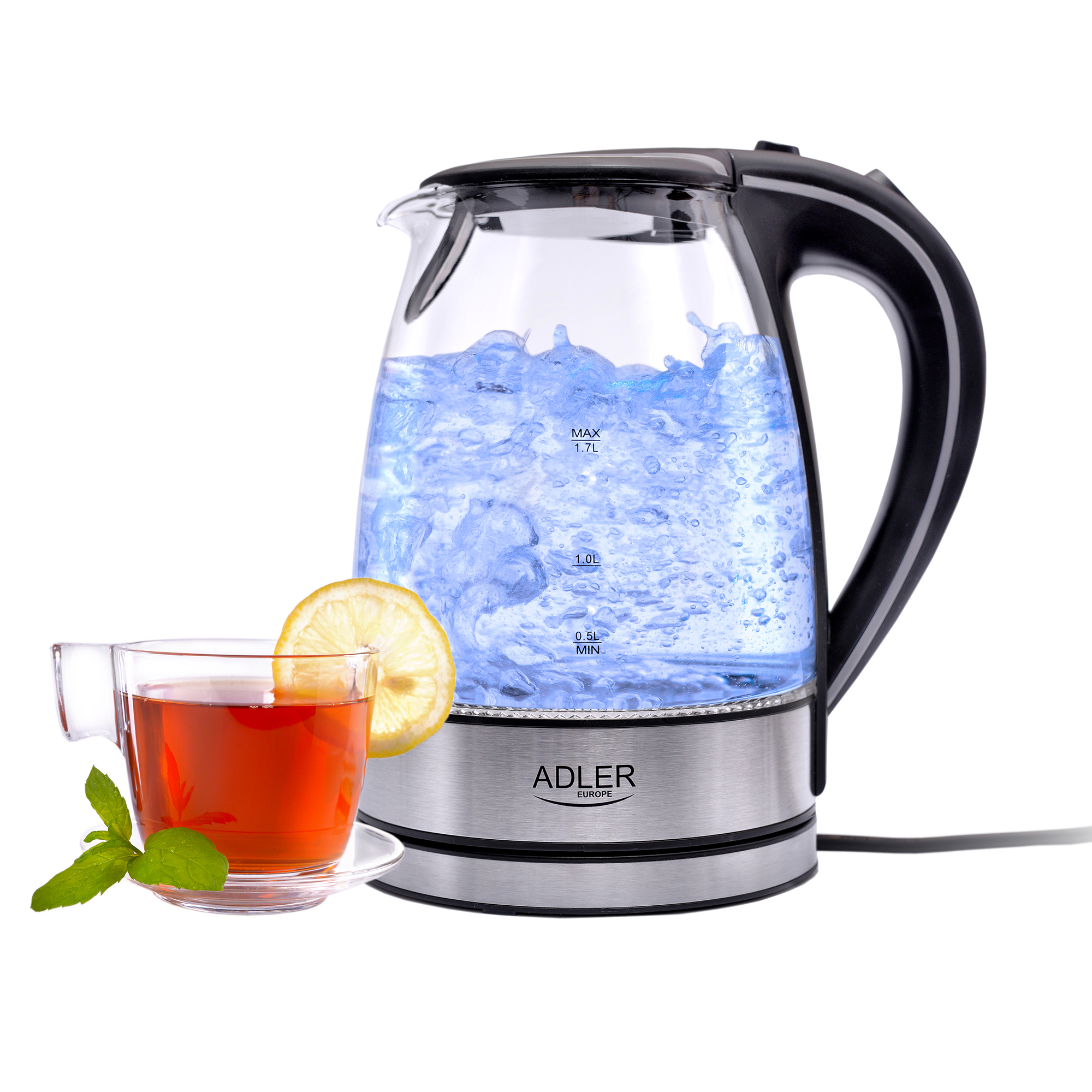 Hervidor de agua - AD1225, Hervidor Agua Eléctrico, 1,7 L, Jarra Cristal, sin BPA, Resistencia Oculta, Inalámbrico ADLER, 2200 W, 1.7 l, Transparente