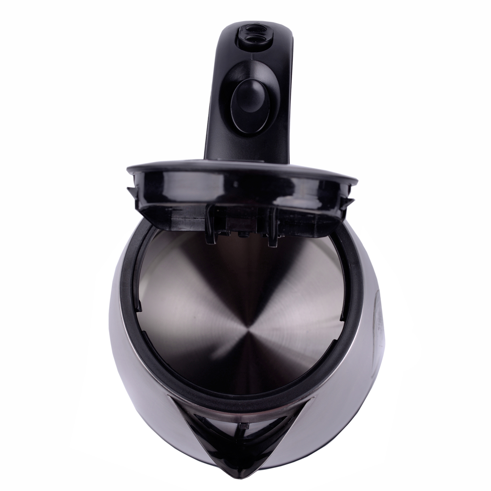 Czajnik elektryczny ze stali nierdzewnej z czarnym uchwytem i otwartą pokrywą.