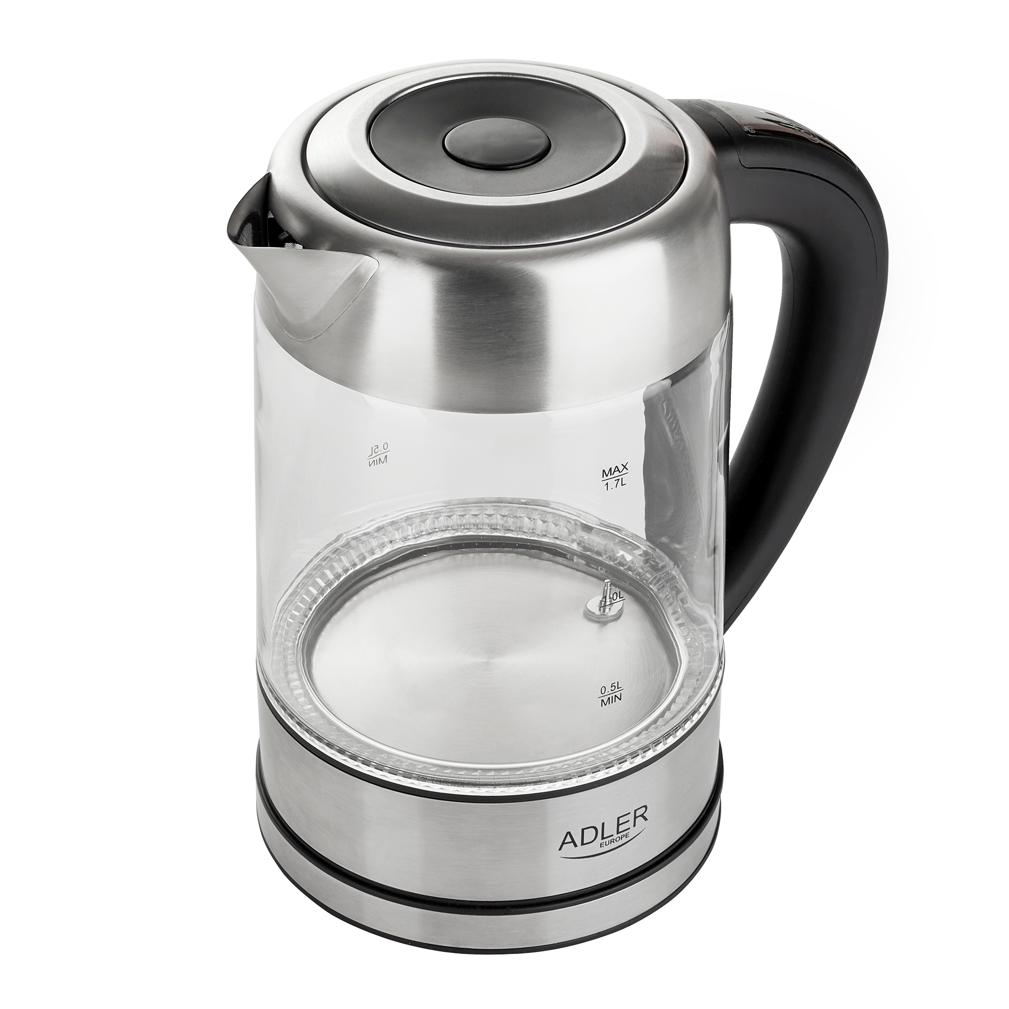 Czajnik elektryczny ze stali nierdzewnej z przezroczystym szklanym korpusem i czarnym uchwytem.