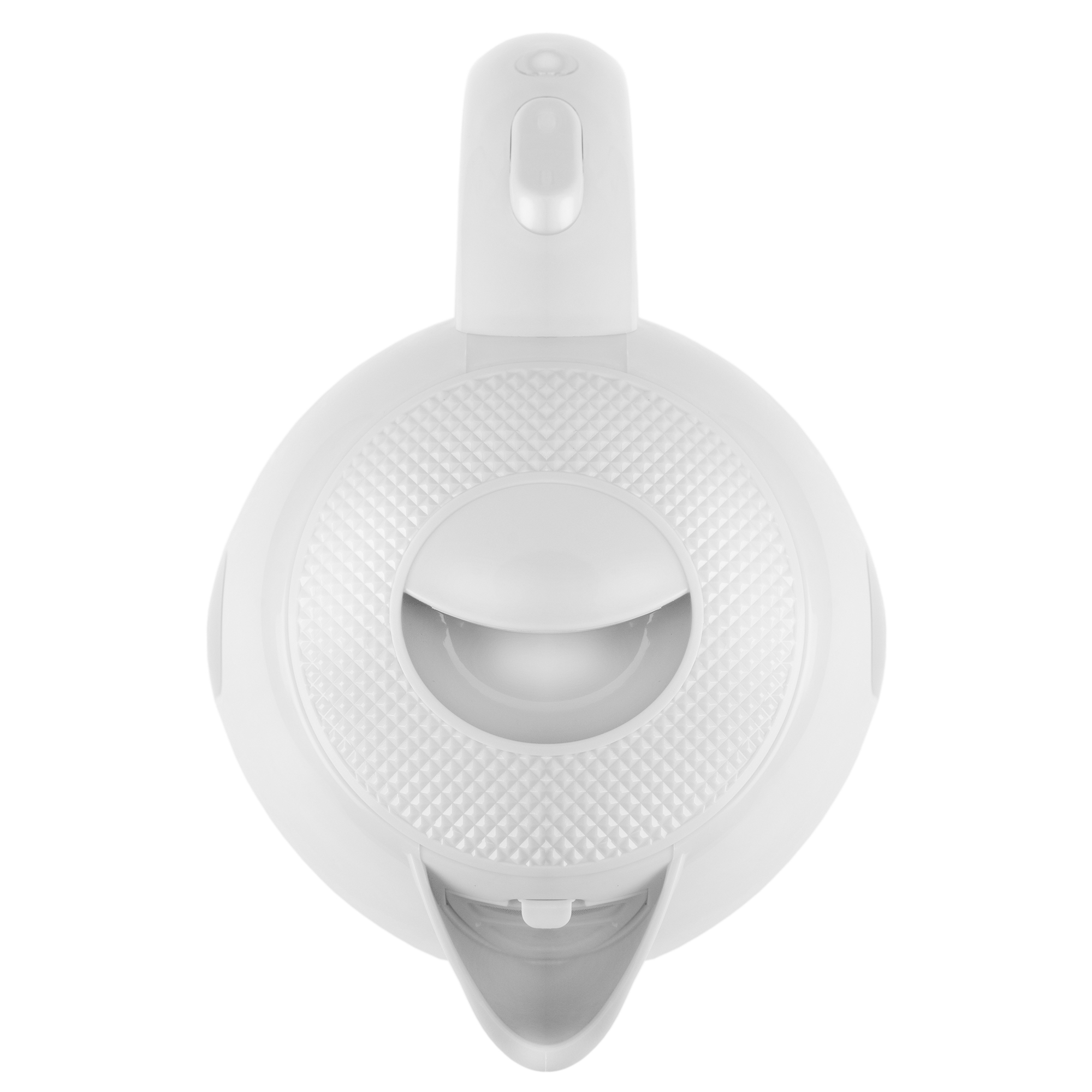 Hervidor eléctrico blanco, vista superior. Forma ovalada con boquilla y asa. Fondo blanco.