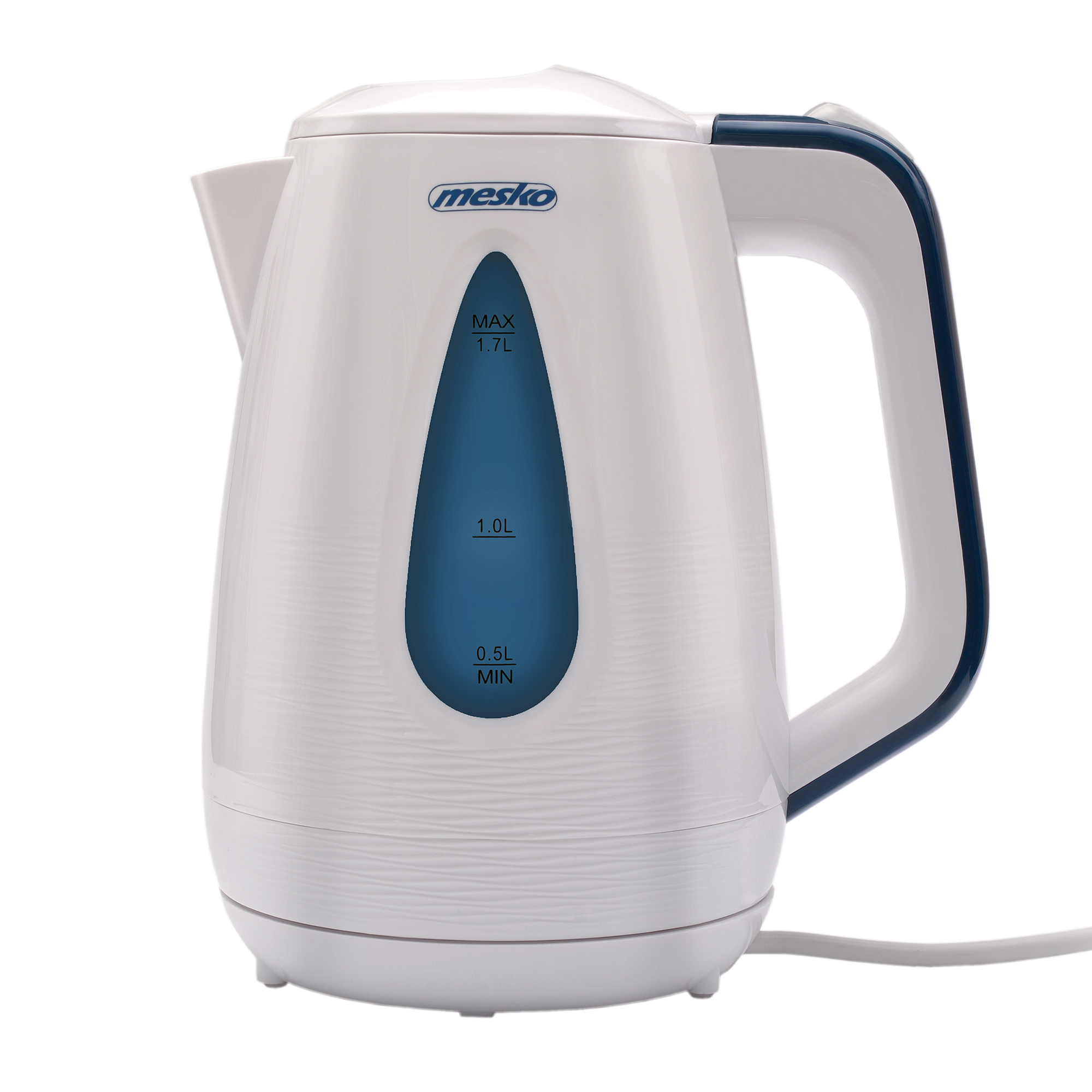 Hervidor eléctrico blanco con indicador de nivel de agua azul y asa. Marca 'mesko' visible.