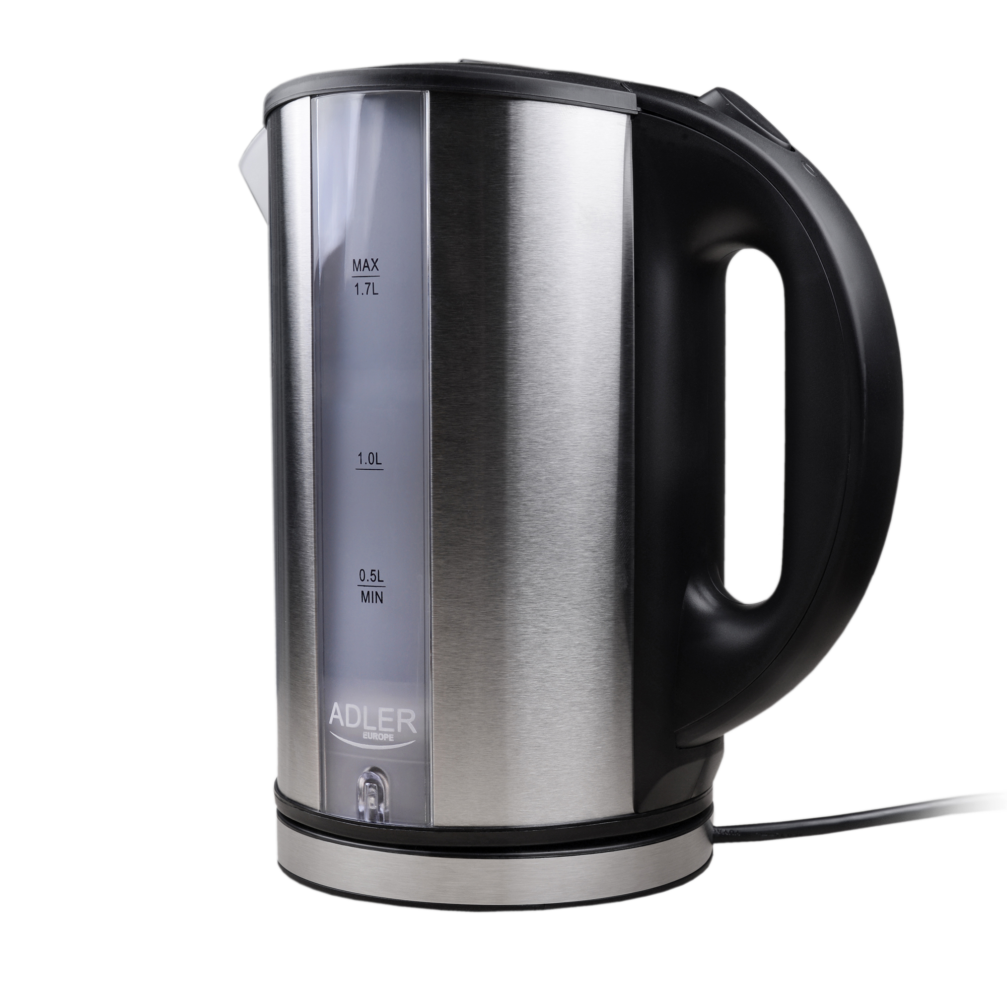 Czajnik elektryczny ze stali nierdzewnej z czarnym uchwytem. Ma wskaźnik poziomu wody i kabel.