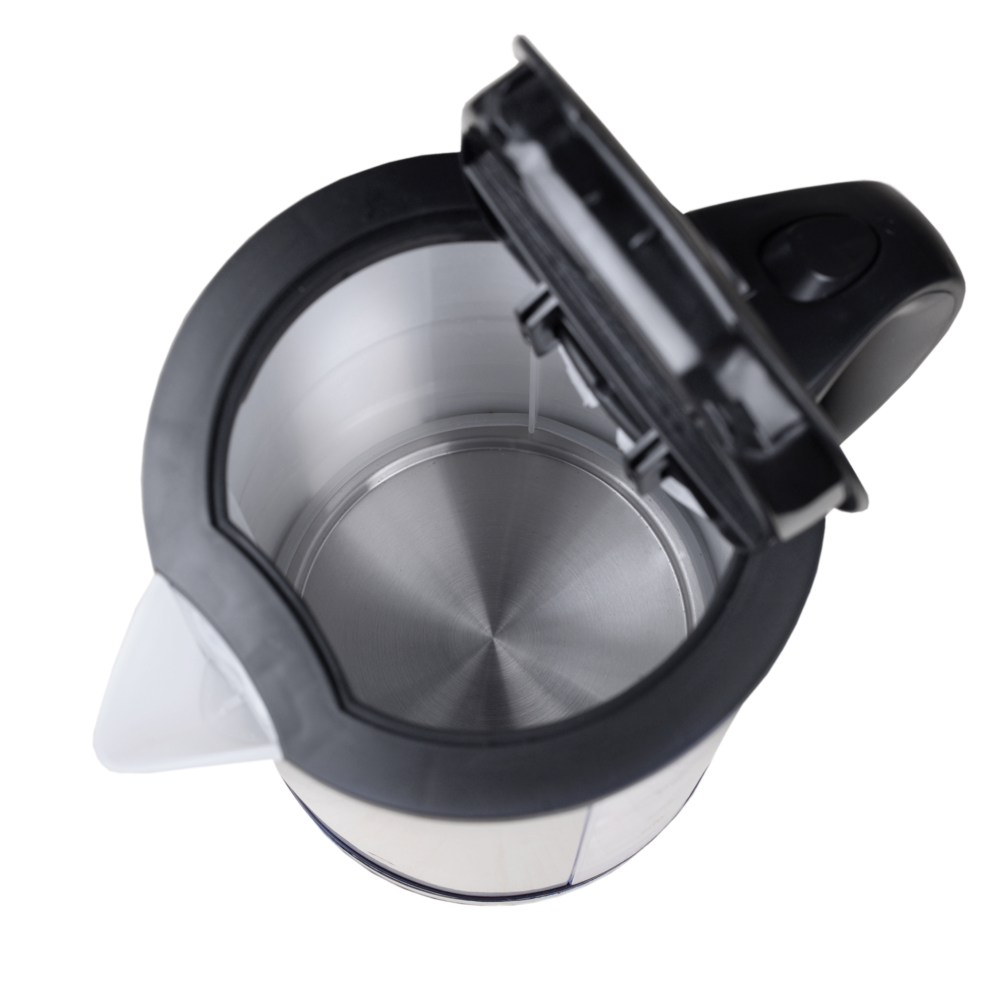 Widok z góry na czajnik elektryczny ze stali nierdzewnej z otwartą pokrywą.