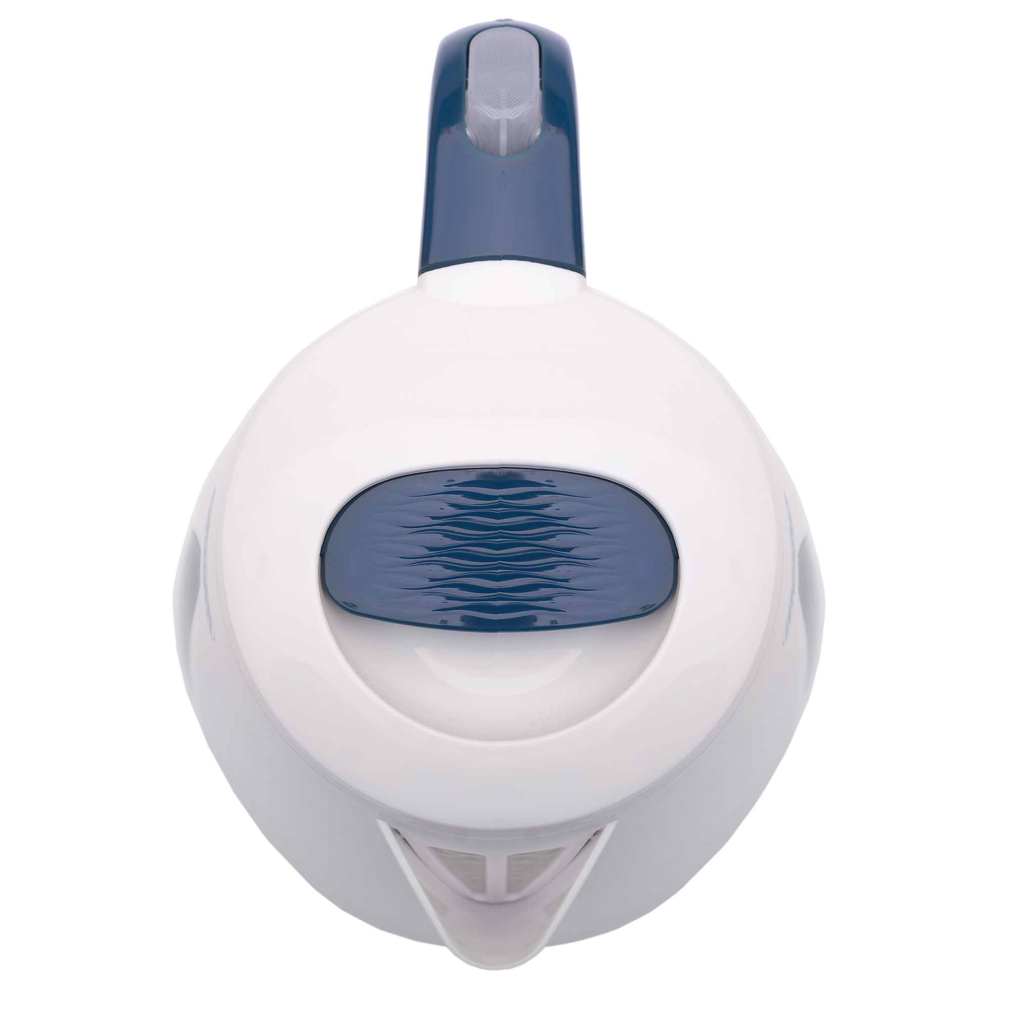 Hervidor eléctrico blanco con asa azul y ventana de nivel de agua.