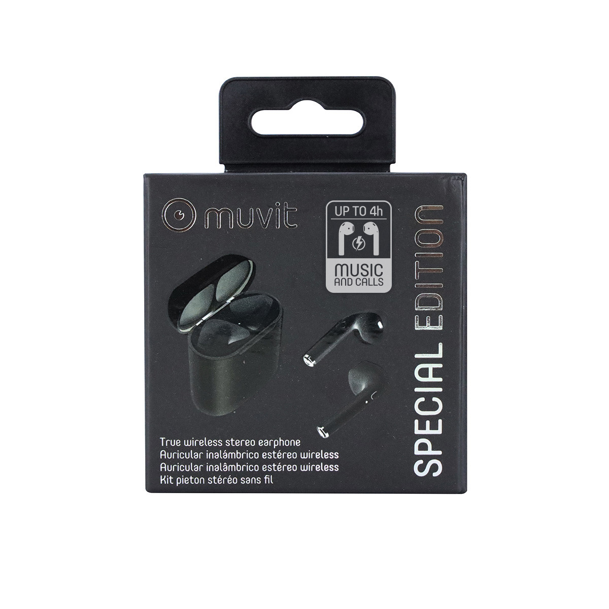 Una custodia nera per auricolari wireless con auricolari e la scritta 'EDIZIONE SPECIALE'.