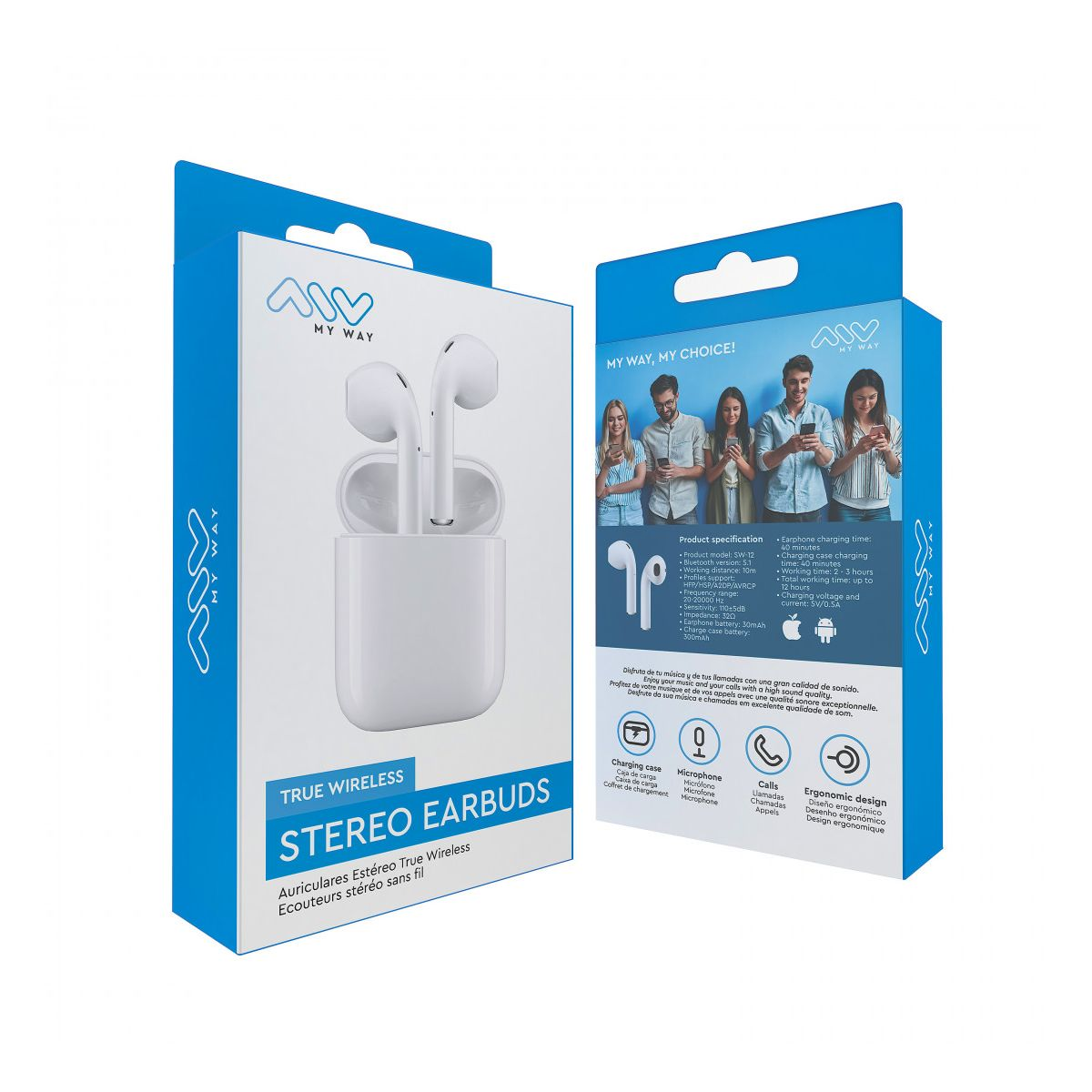 Dos auriculares blancos en un estuche y embalaje. La caja tiene un diseño azul y blanco con texto.