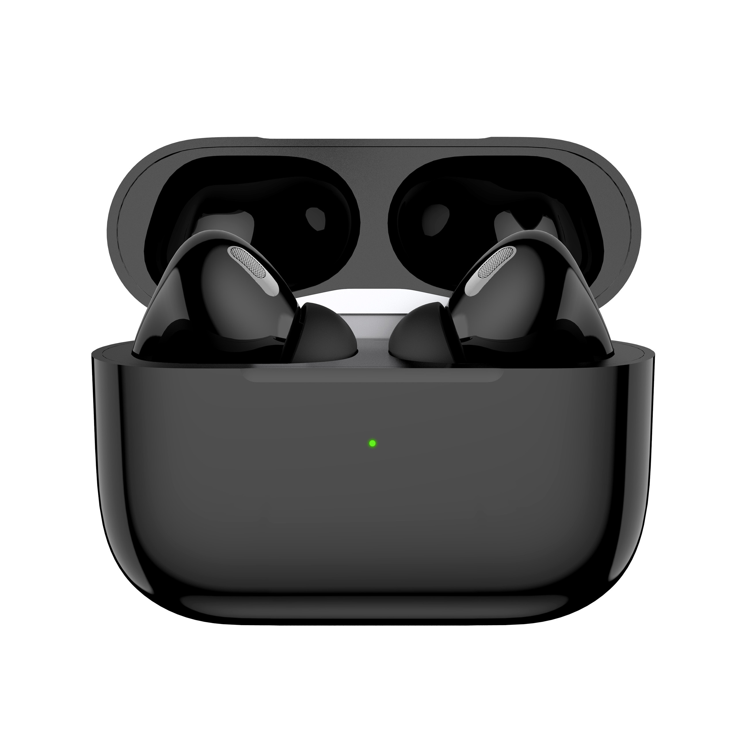 Auriculares inalámbricos negros en estuche de carga abierto, mostrando los auriculares.
