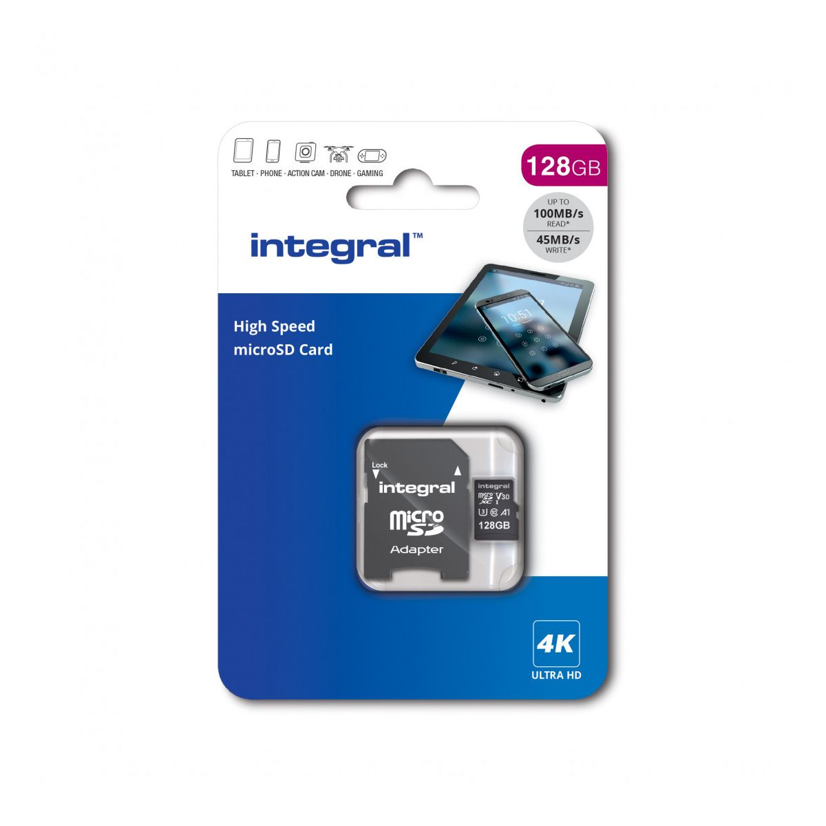 Eine 128GB MicroSD-Karte mit Adapter. Zeigt ein Tablet- und Handy-Bild. 4K Ultra HD.