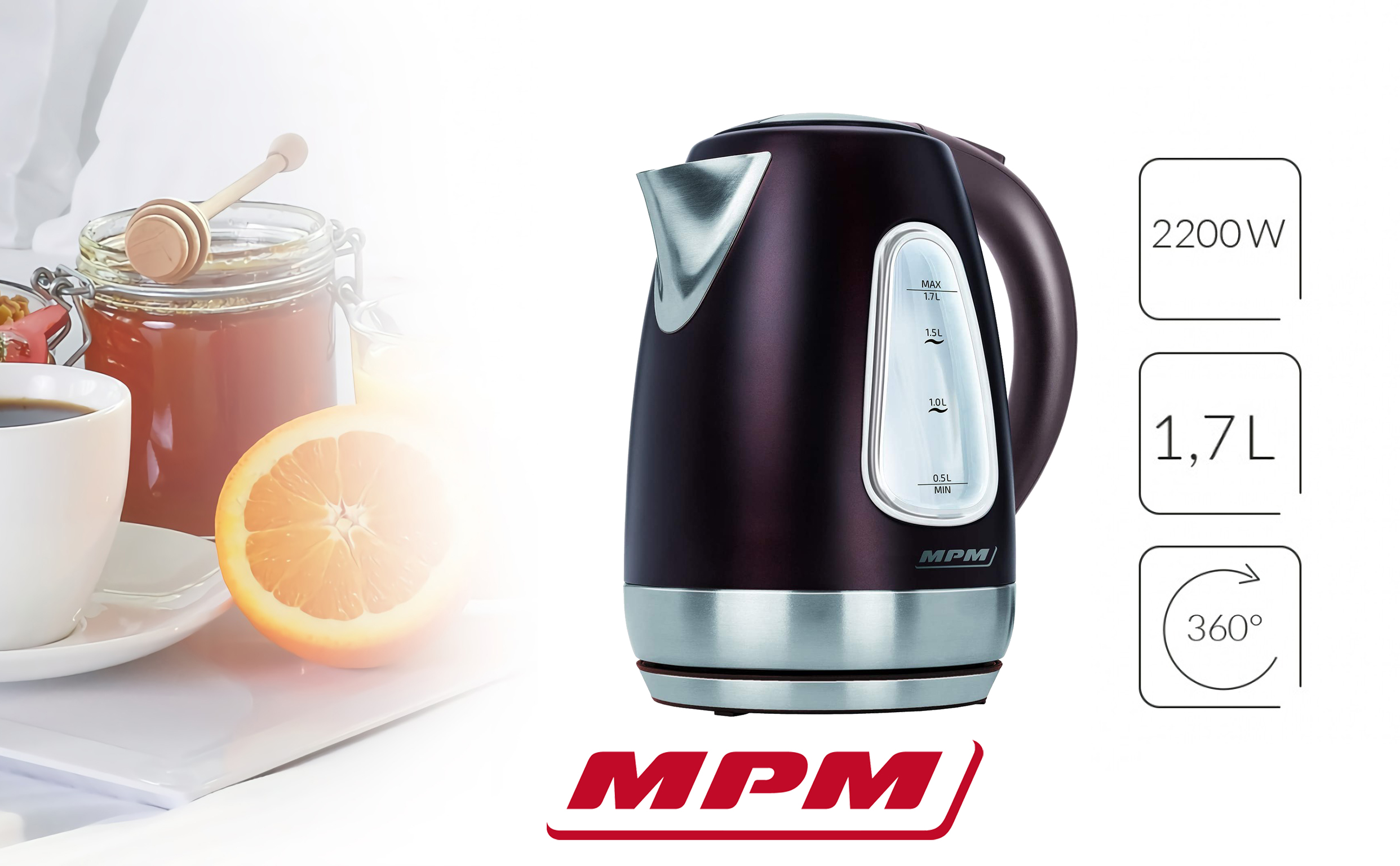 Hervidor eléctrico negro y plateado, rodaja de naranja, café, miel y un logotipo.