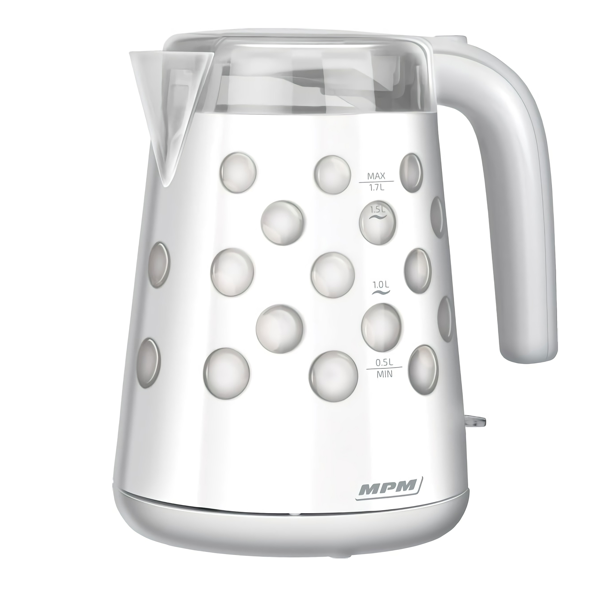 Biały czajnik w kropki na białej powierzchni, z zakrzywionym uchwytem.