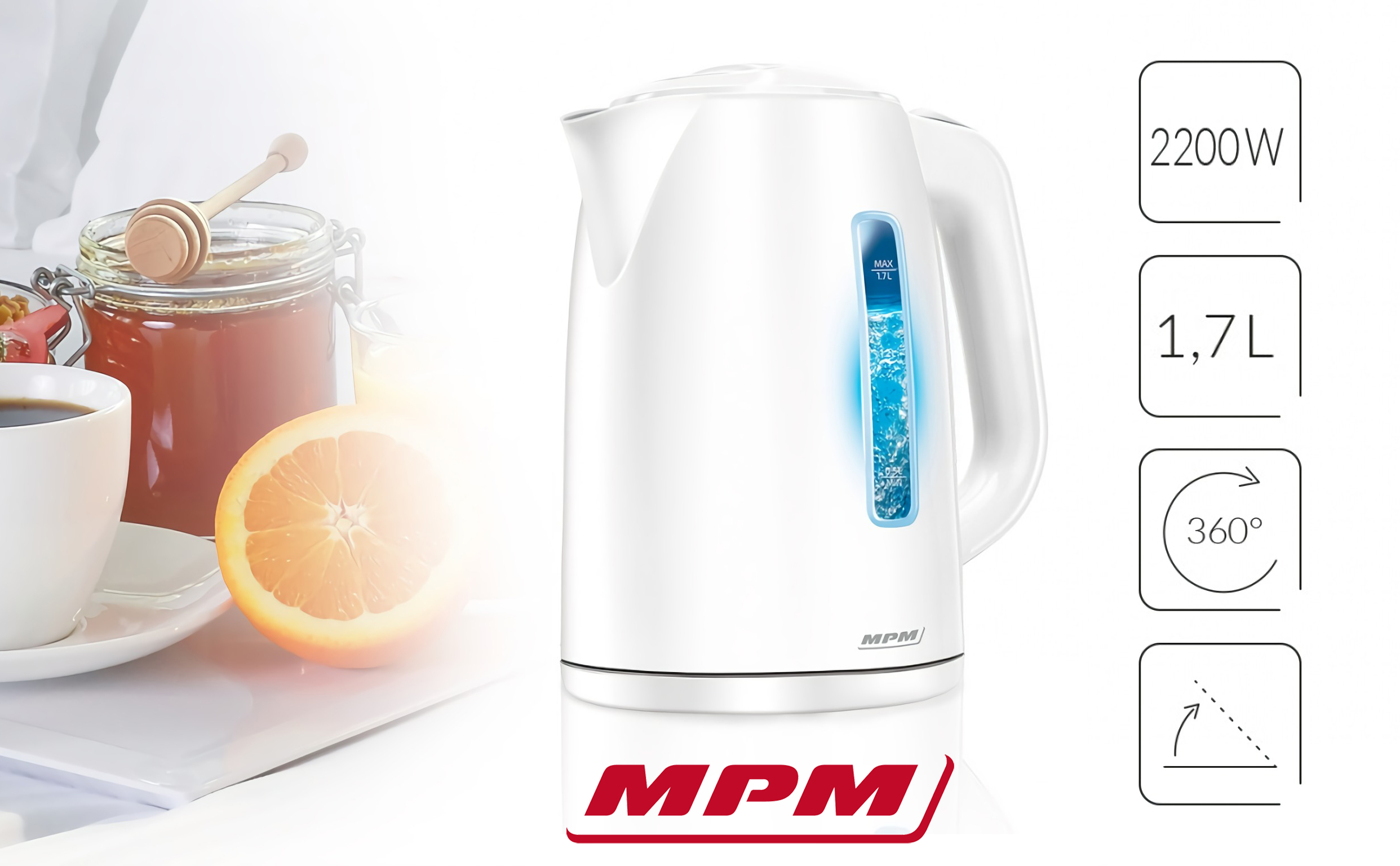 Una tetera eléctrica blanca con indicador de nivel de agua azul, junto a rodaja de naranja y miel.