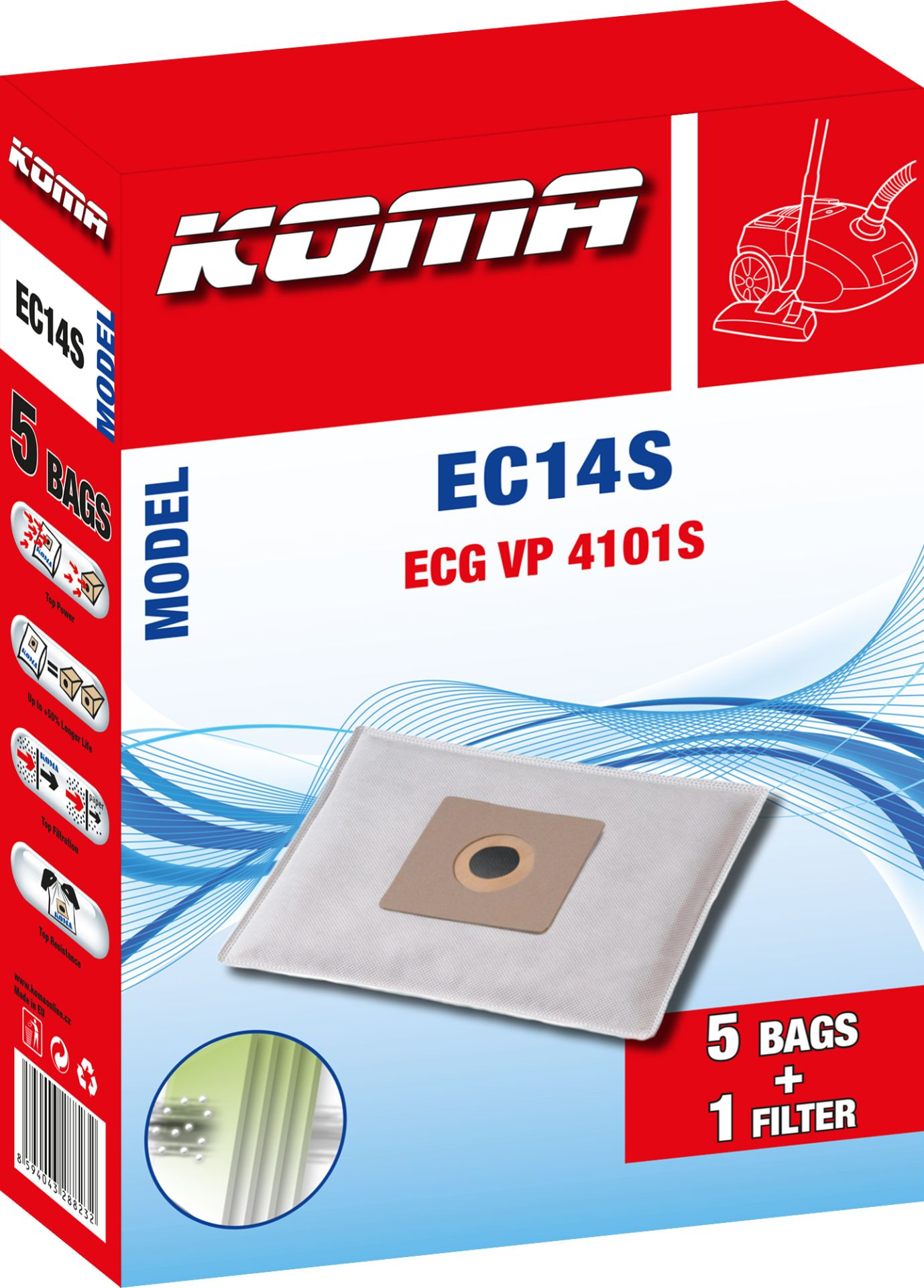 Staubsaugerbeutel-Verpackung mit dem Produktnamen 'EC14S' und Bildern.