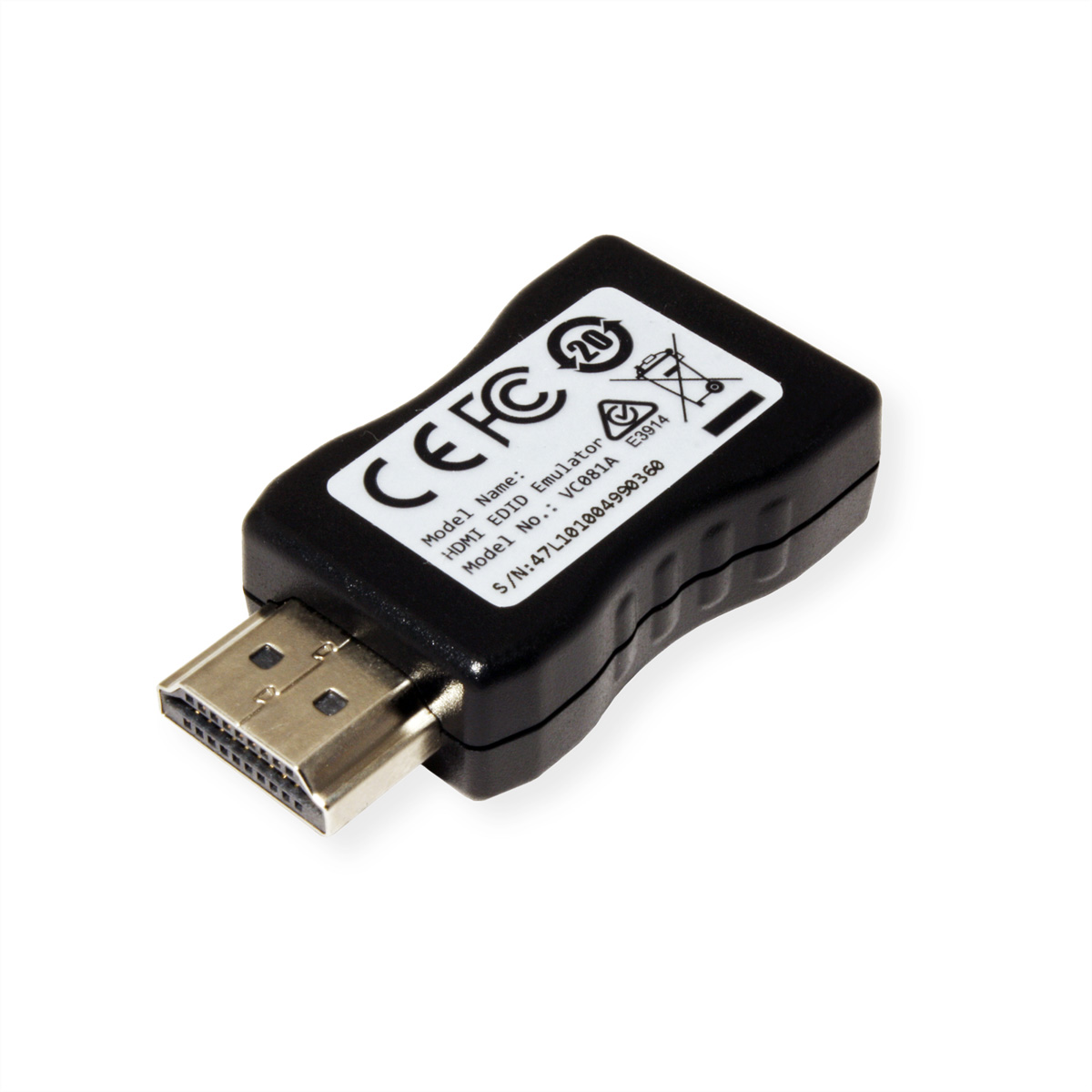 Schwarzer HDMI-Adapter mit silbernem Stecker und weißem Etikett mit Text.