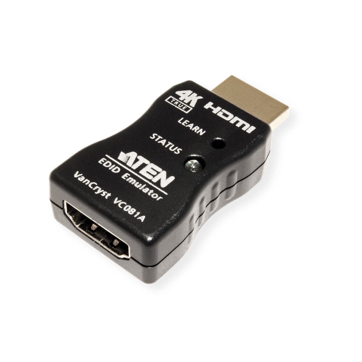 Adattatore HDMI nero con etichette 4K HDMI e ATEN. Ha un connettore HDMI argentato.