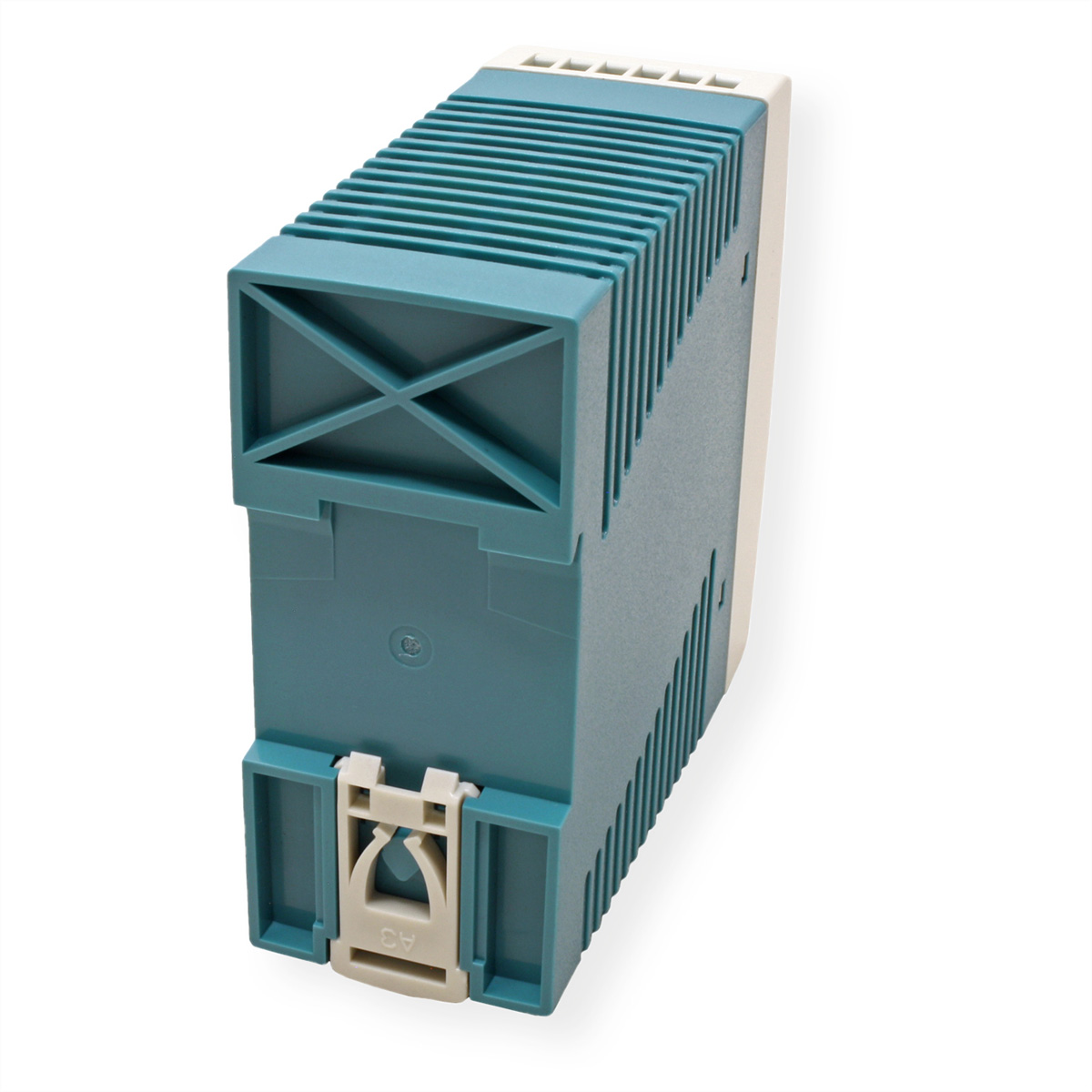 Een blauwgroen en gebroken wit elektronisch apparaat, vanuit een hoek bekeken. Witte achtergrond.