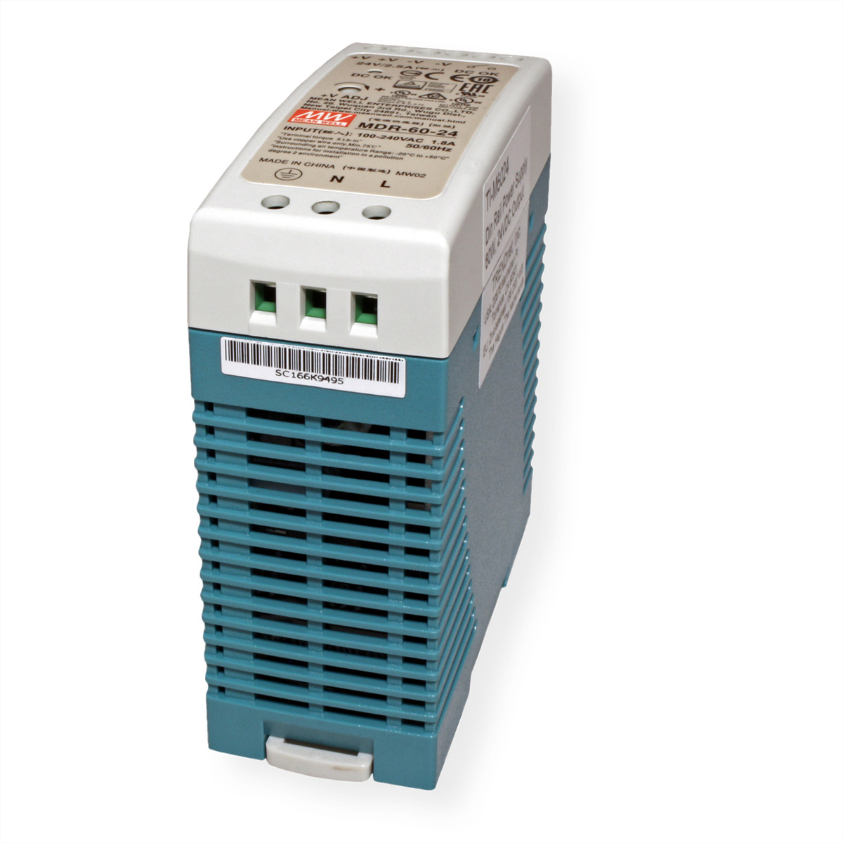 Een elektrisch component met een blauwe behuizing en een witte bovenkant. Met ventilatie.