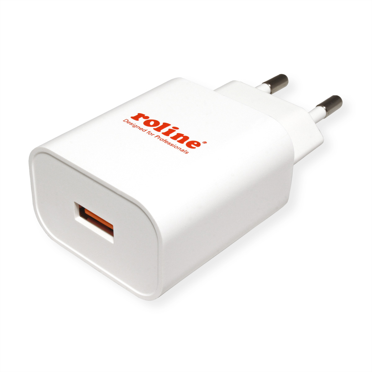 Ein weißes Roline-Ladegerät mit USB-Anschluss und zwei Stiften. Das Ladegerät trägt den Text "Designed for Professionals".